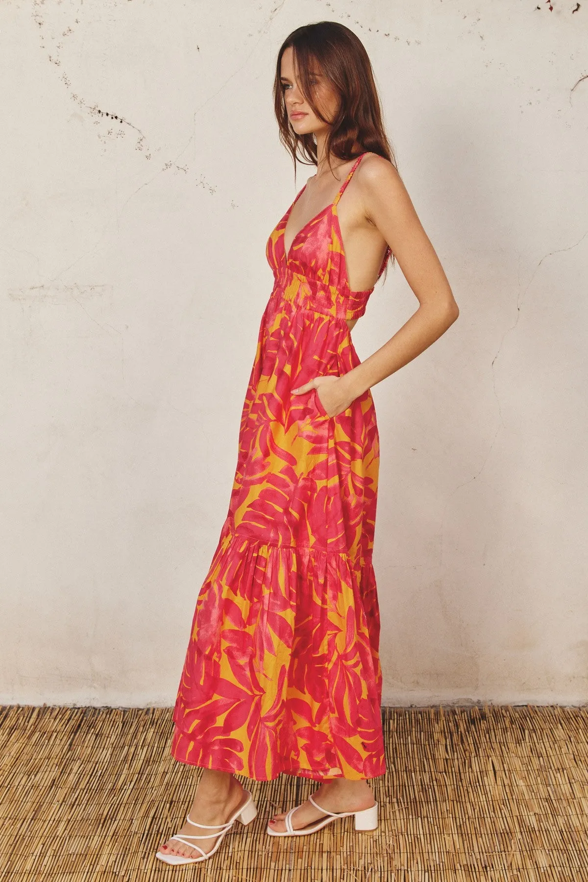 Coral Leaf Print Open Back Midi Dress sold by Pinkblush product image thumbnail 2
