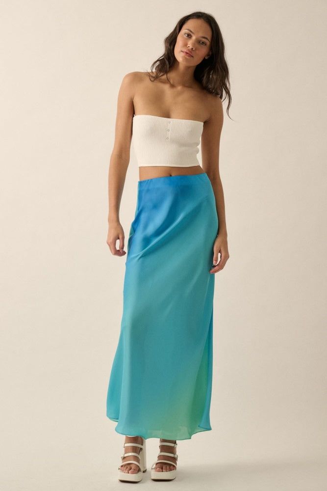 Ocean Blue High-Waist Ombre Woven Maxi Skirt sold by Pinkblush