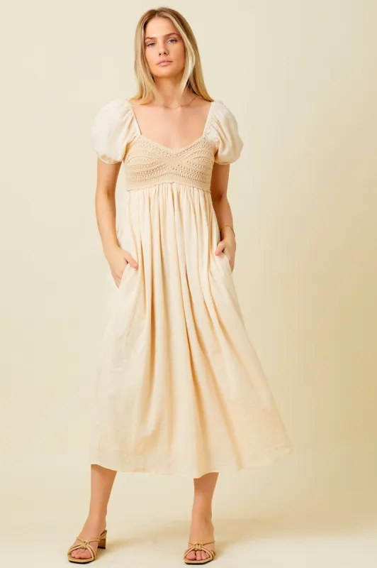 Cream Crochet Puff Sleeve Midi Dress sold by Pinkblush
