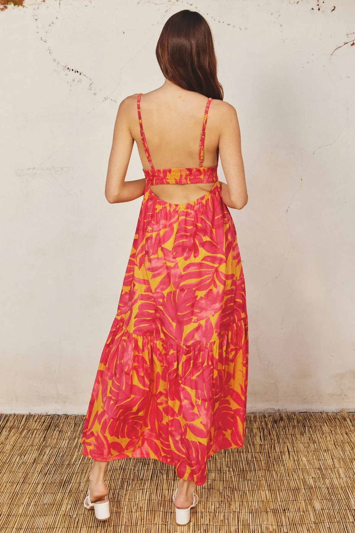 Coral Leaf Print Open Back Midi Dress sold by Pinkblush product image thumbnail 3