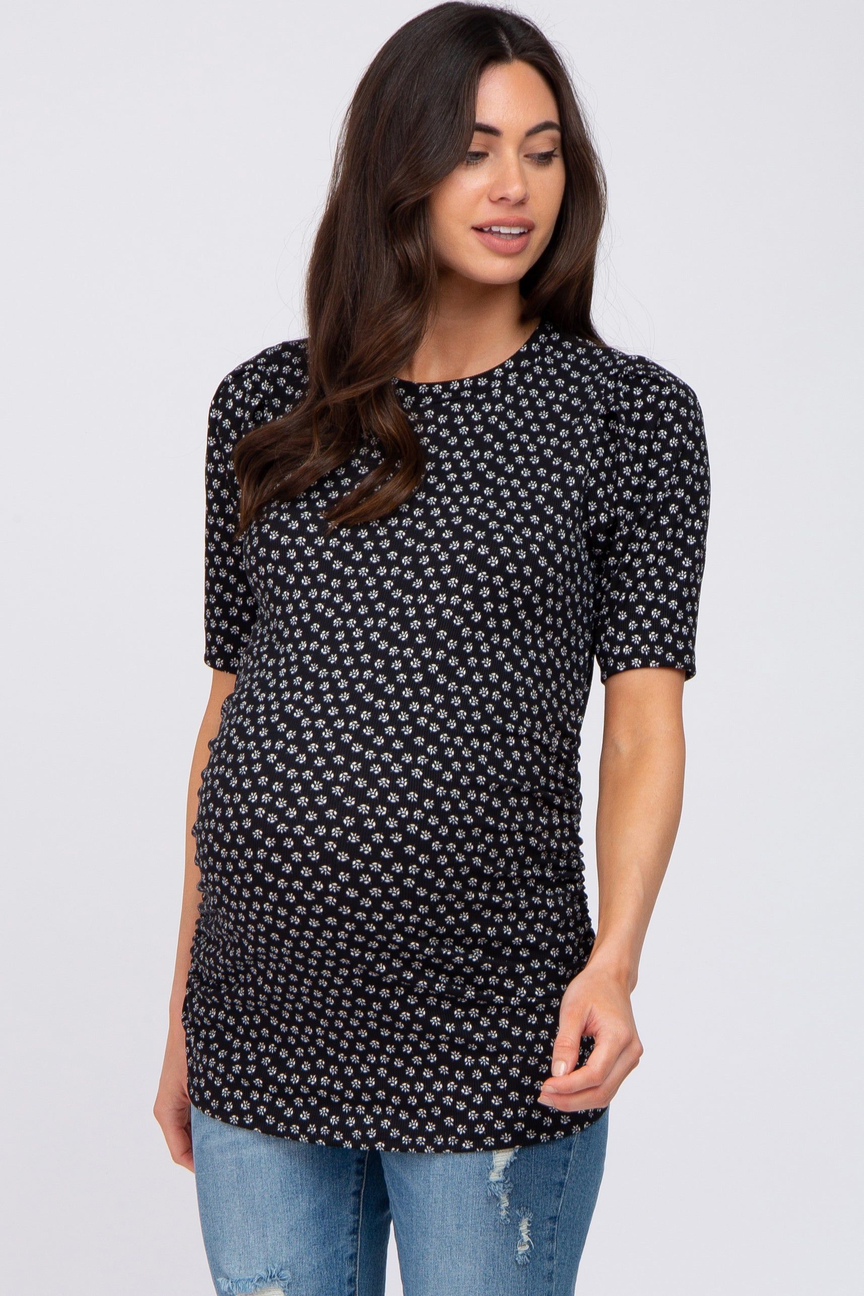 Black Ditsy Floral Ruched Maternity Top sold by Pinkblush product image thumbnail 2