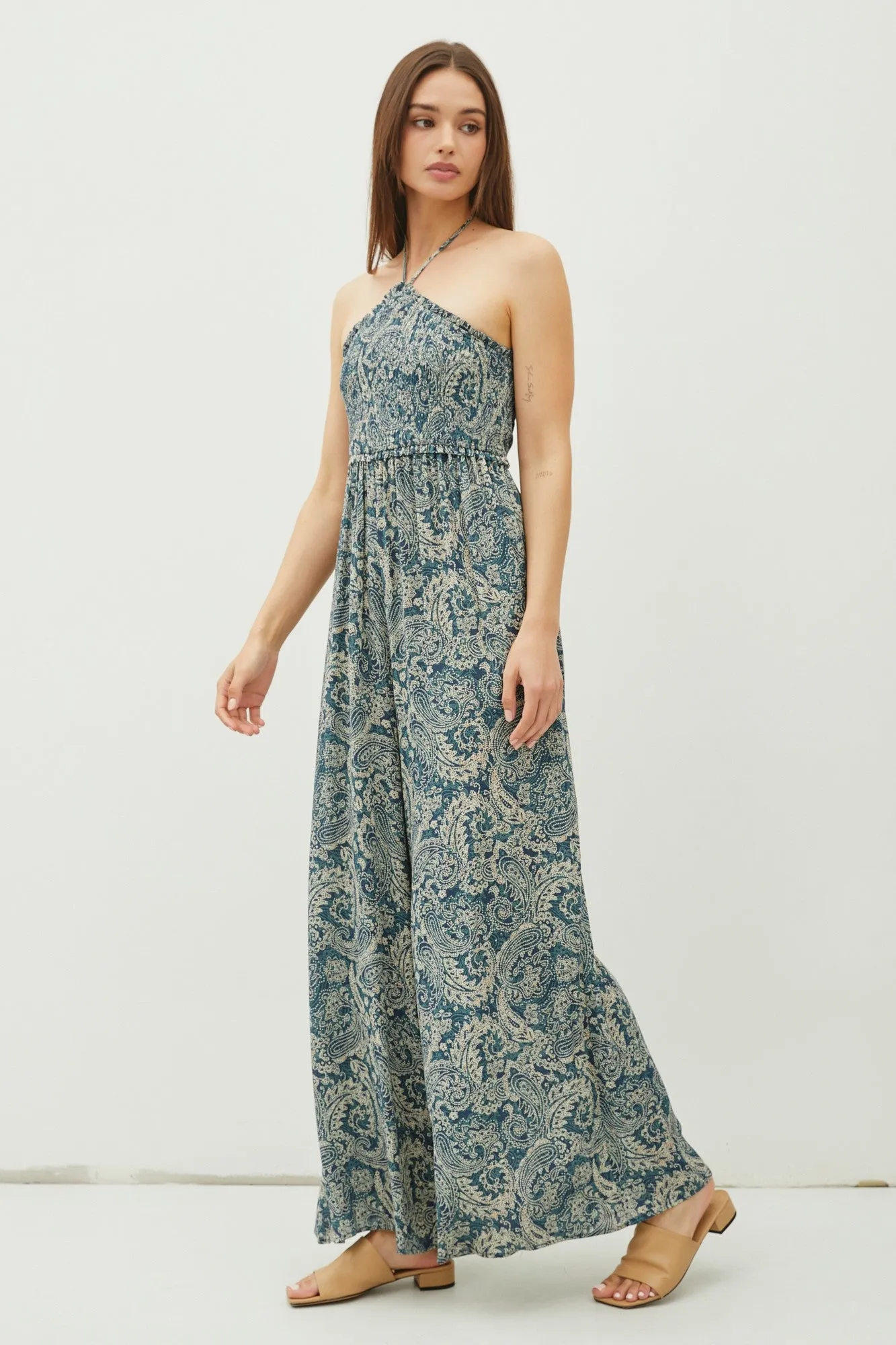 Teal Print Back Cutout Smocked Halter Wide Leg Jumpsuit sold by Pinkblush product image thumbnail 2