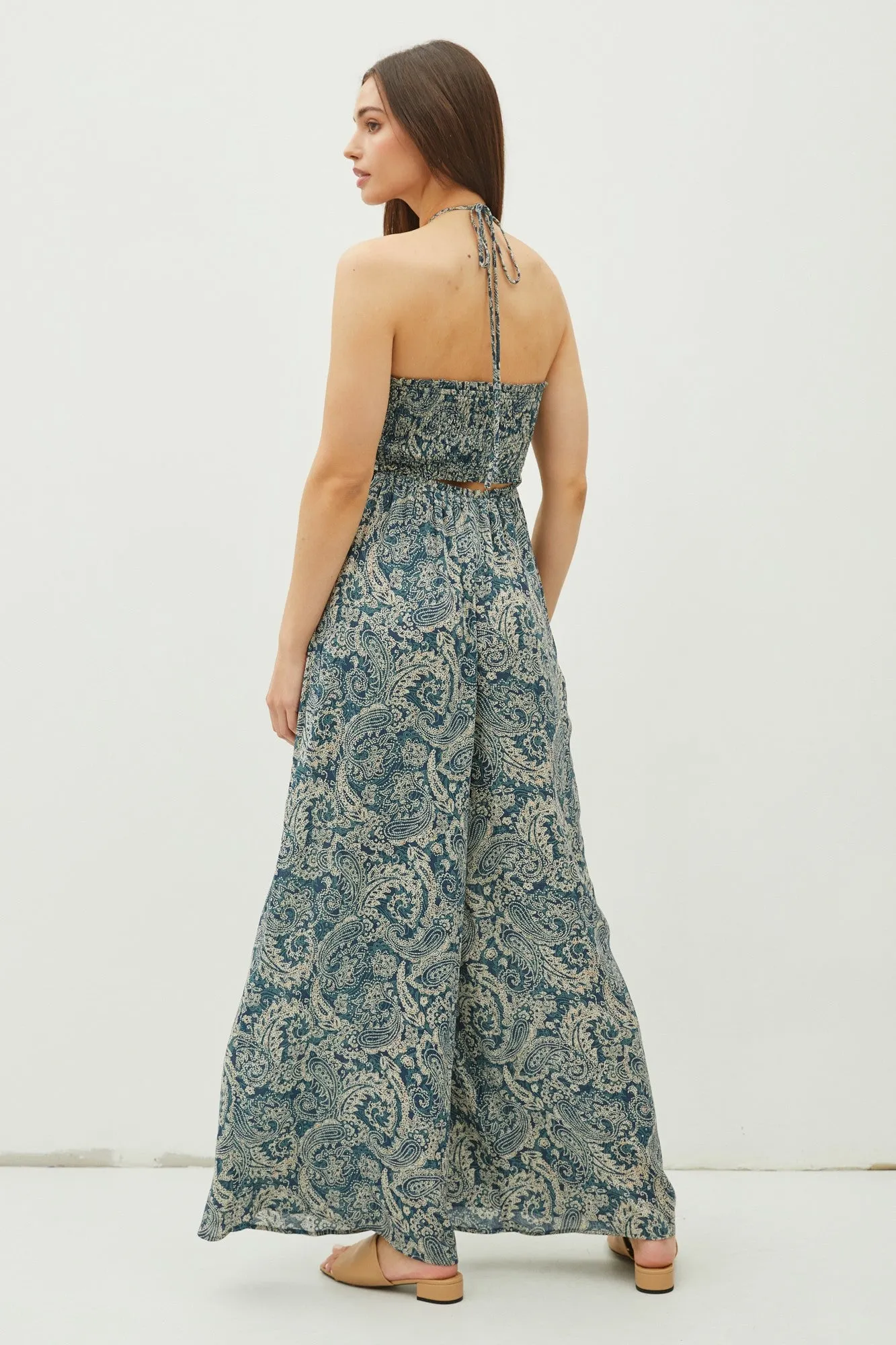 Teal Print Back Cutout Smocked Halter Wide Leg Jumpsuit sold by Pinkblush product image thumbnail 3