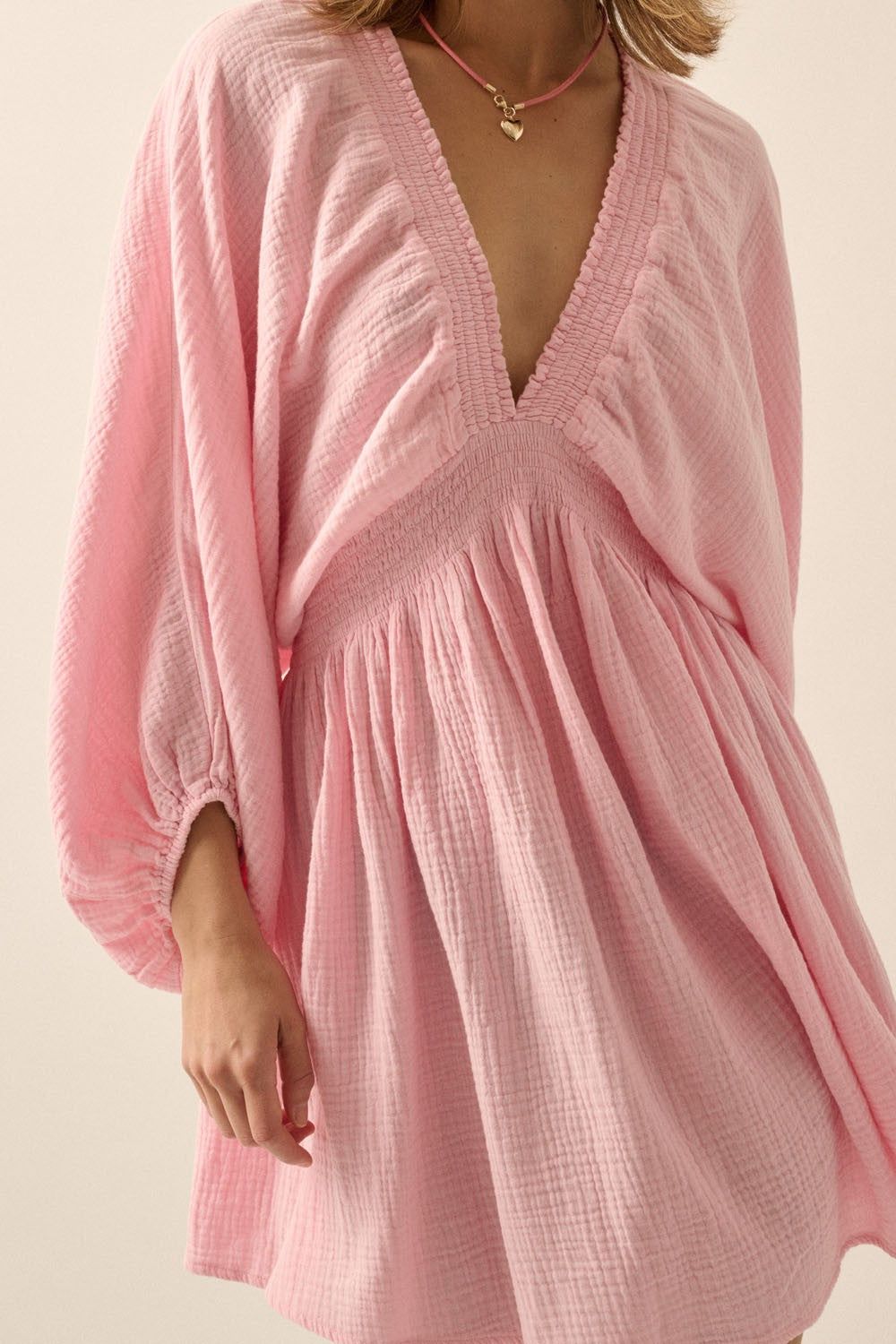 Soft Pink Crinkle Cotton V-Neck Dolman-Sleeve Mini Dress sold by Pinkblush product image thumbnail 3