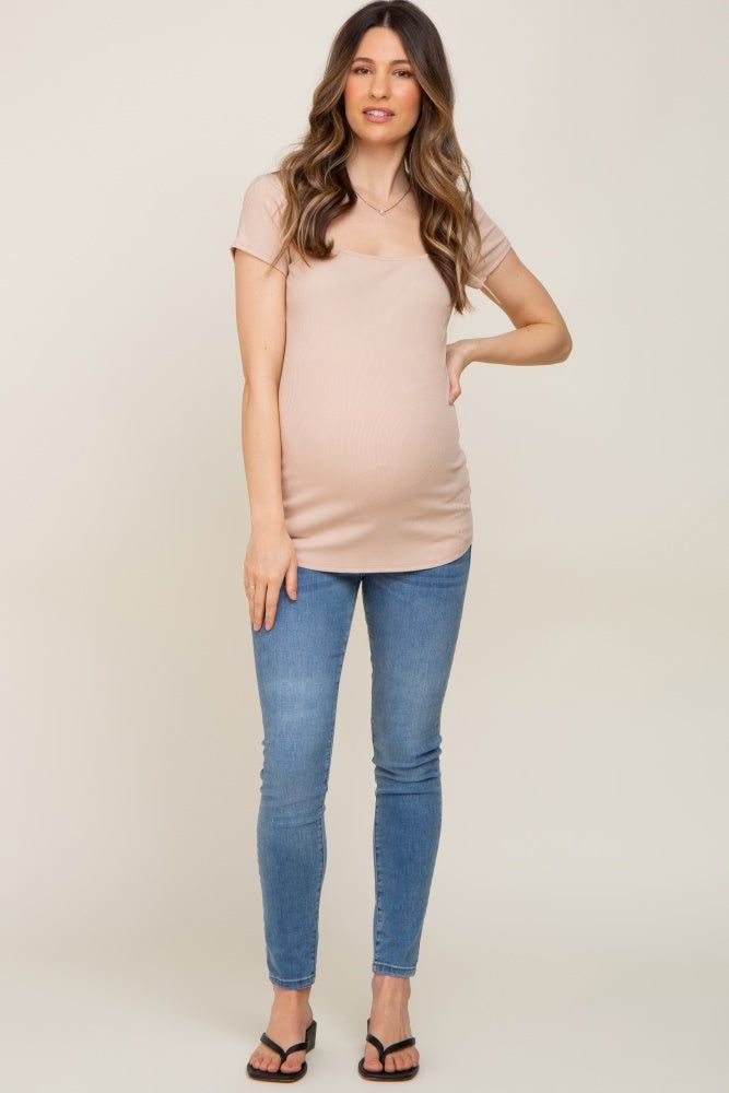 Taupe Ribbed Squared Neck Cap Sleeve Maternity Top sold by Pinkblush product image thumbnail 4