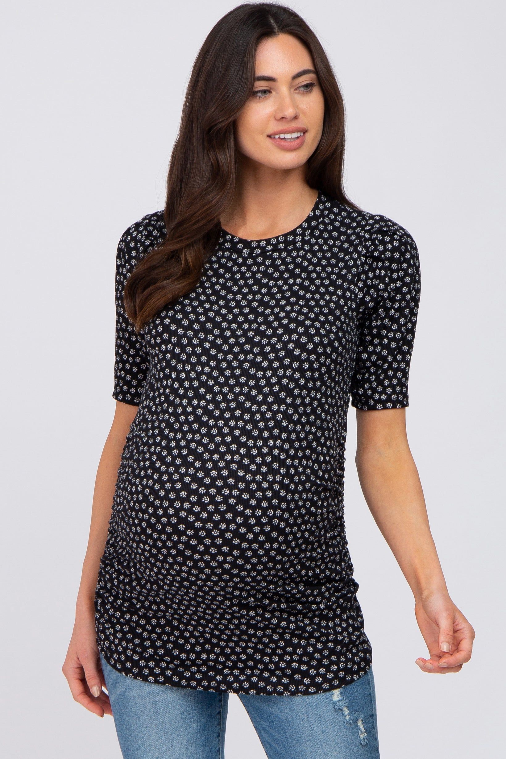 Black Ditsy Floral Ruched Maternity Top sold by Pinkblush