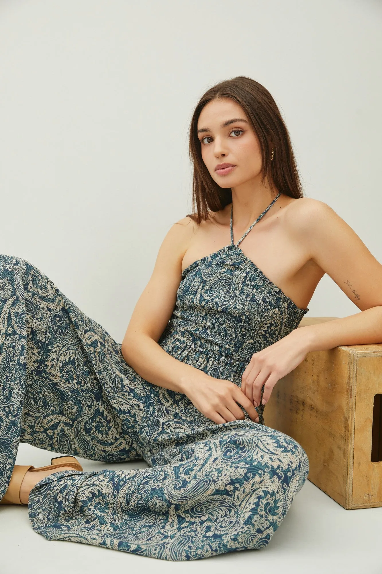 Teal Print Back Cutout Smocked Halter Wide Leg Jumpsuit sold by Pinkblush product image thumbnail 4