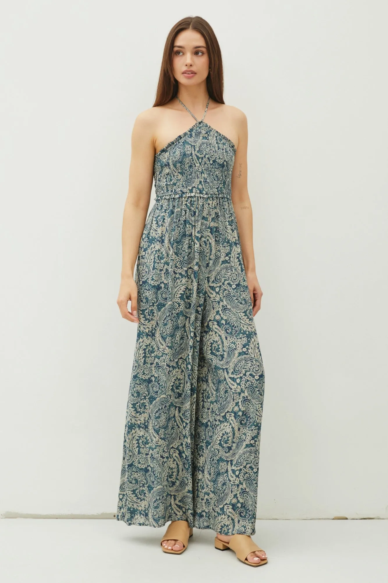 Teal Print Back Cutout Smocked Halter Wide Leg Jumpsuit sold by Pinkblush