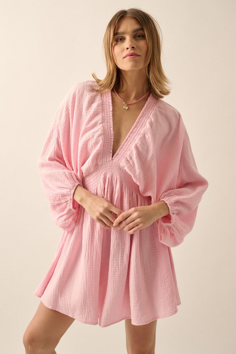 Soft Pink Crinkle Cotton V-Neck Dolman-Sleeve Mini Dress sold by Pinkblush