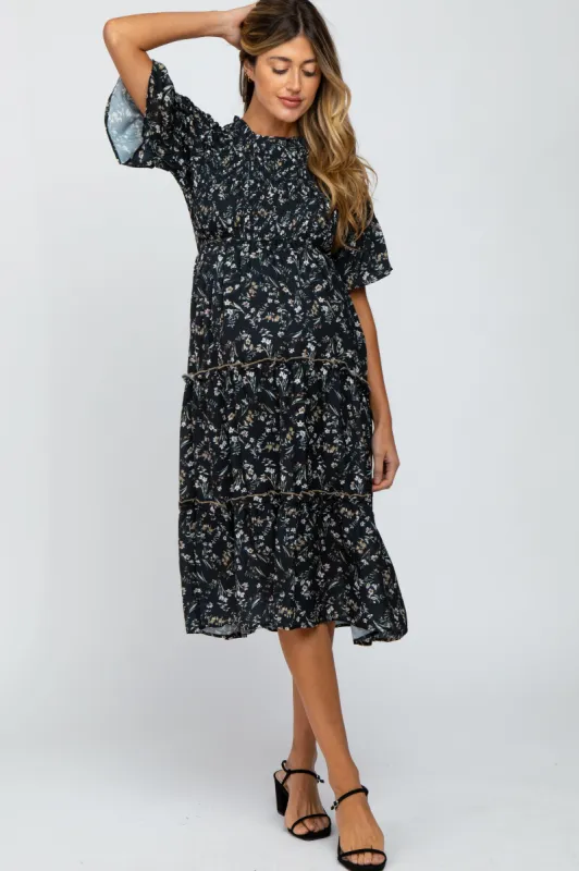 Black Floral Smocked Tiered Maternity Midi Dress sold by Pinkblush
