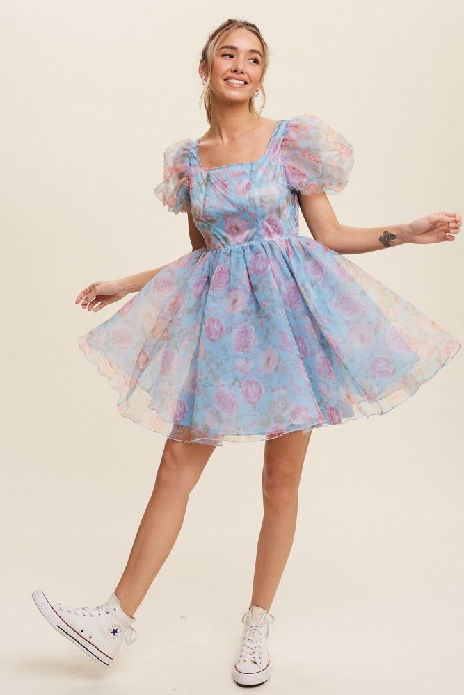 Blue Floral Print Organza Balloon Sleeve Mini Dress sold by Pinkblush product image thumbnail 2
