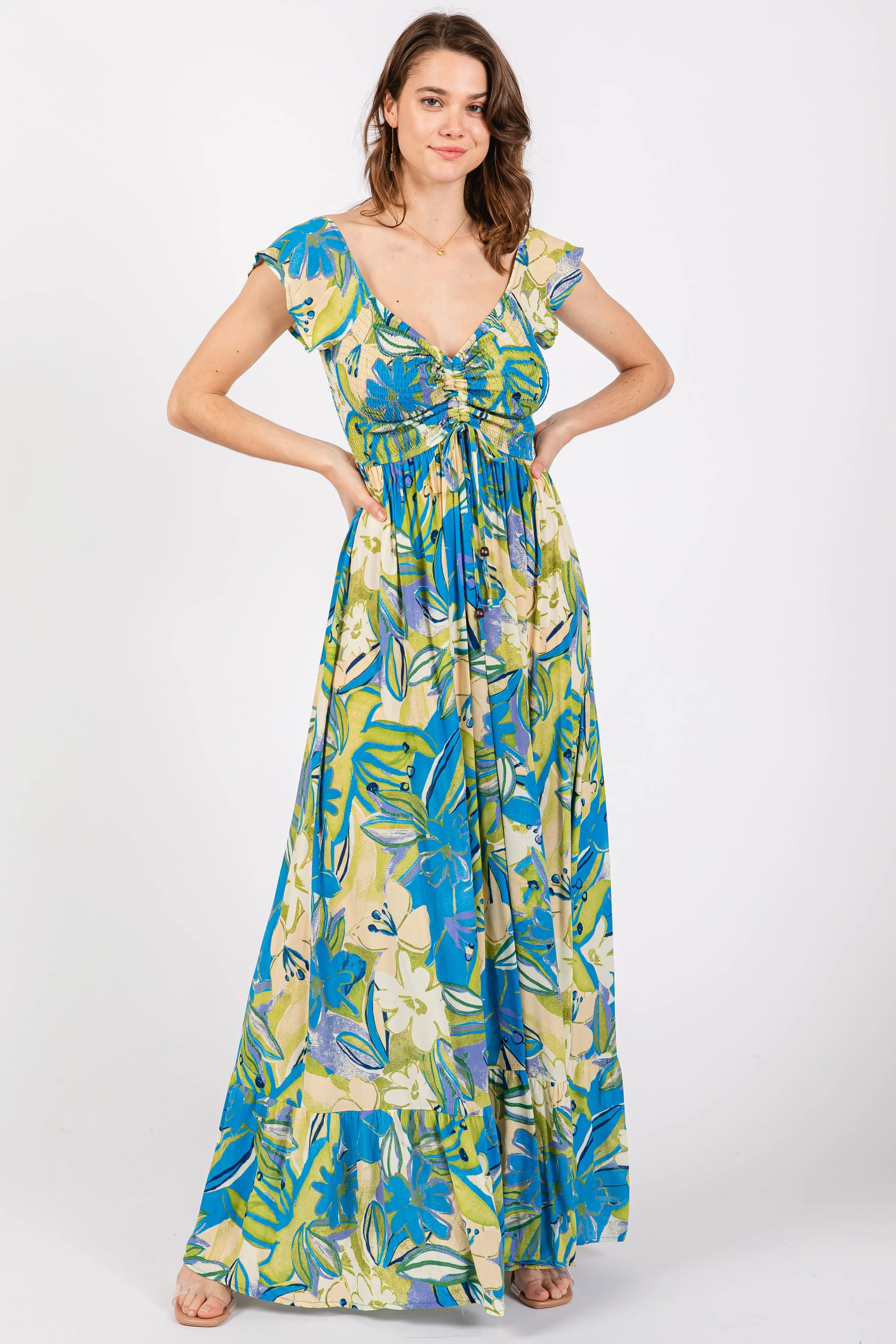 Blue Floral Smocked Off Shoulder Maxi Dress sold by Pinkblush