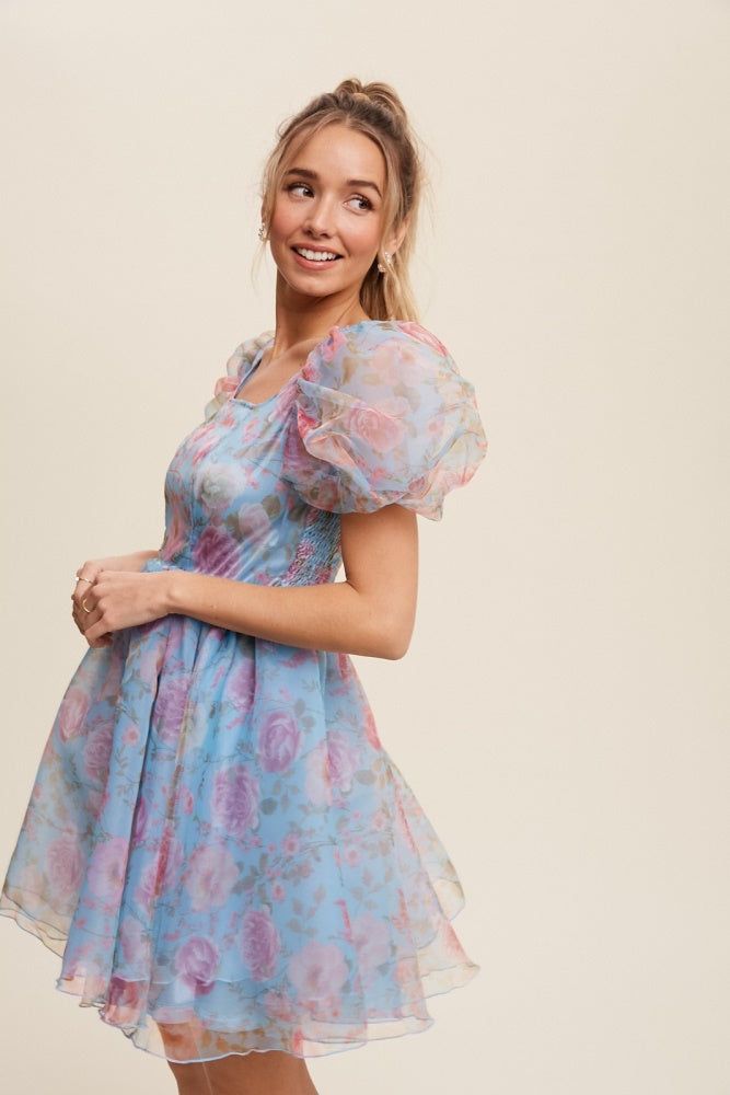 Blue Floral Print Organza Balloon Sleeve Mini Dress sold by Pinkblush product image thumbnail 3