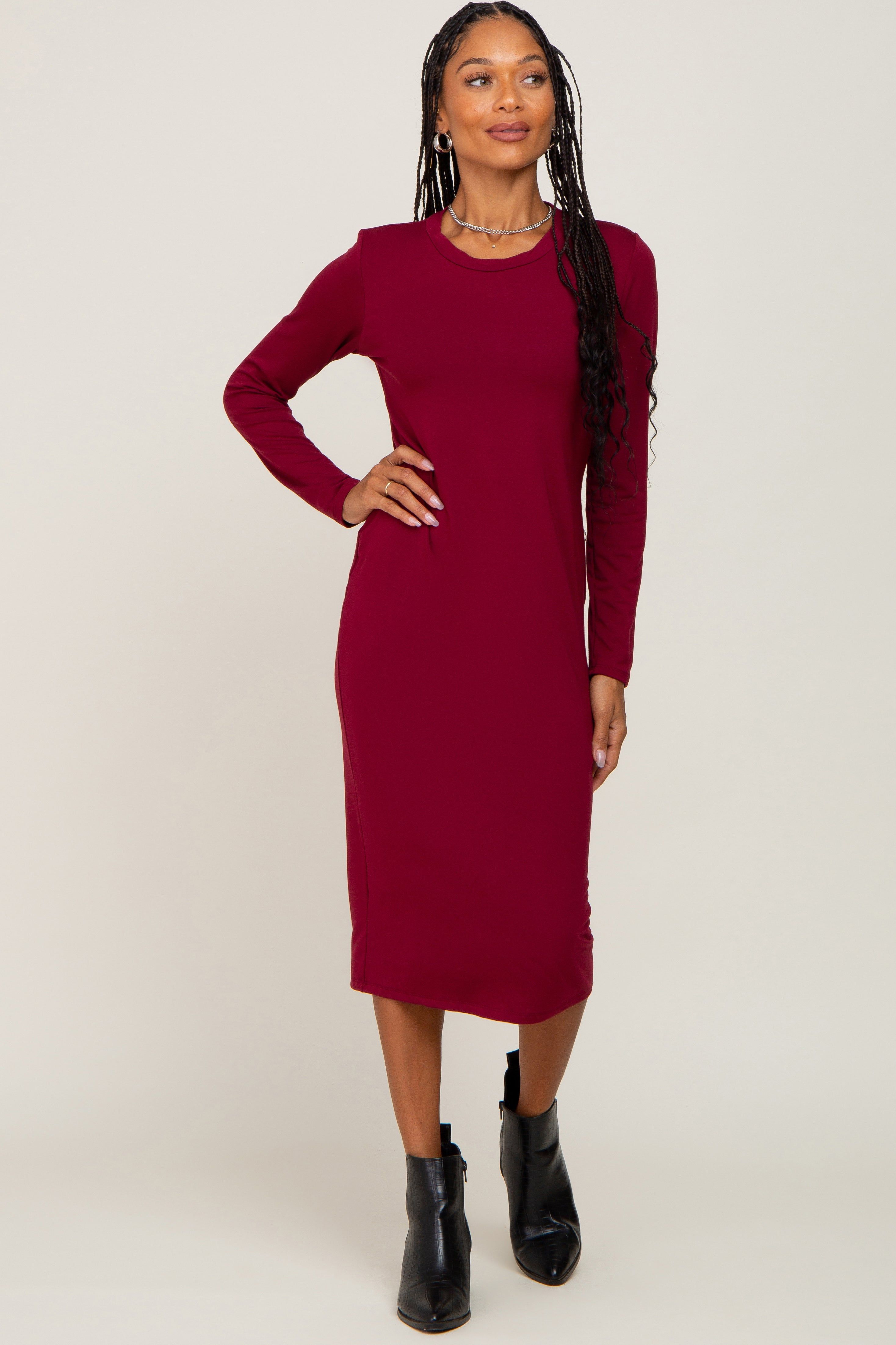 Burgundy Basic Maternity Midi Dress sold by Pinkblush product image thumbnail 4