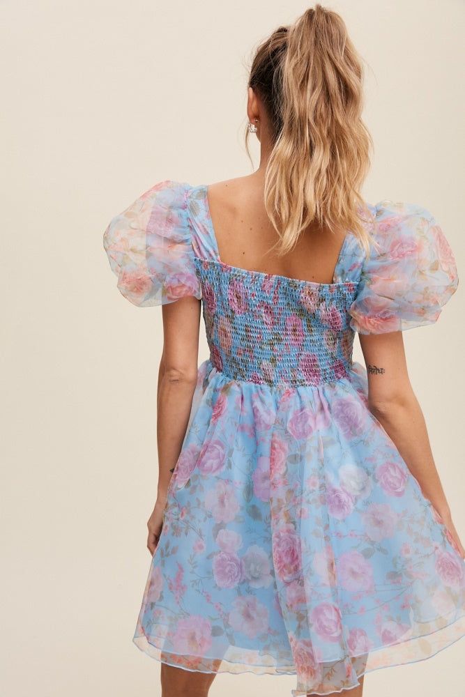 Blue Floral Print Organza Balloon Sleeve Mini Dress sold by Pinkblush product image thumbnail 4