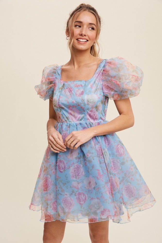 Blue Floral Print Organza Balloon Sleeve Mini Dress sold by Pinkblush