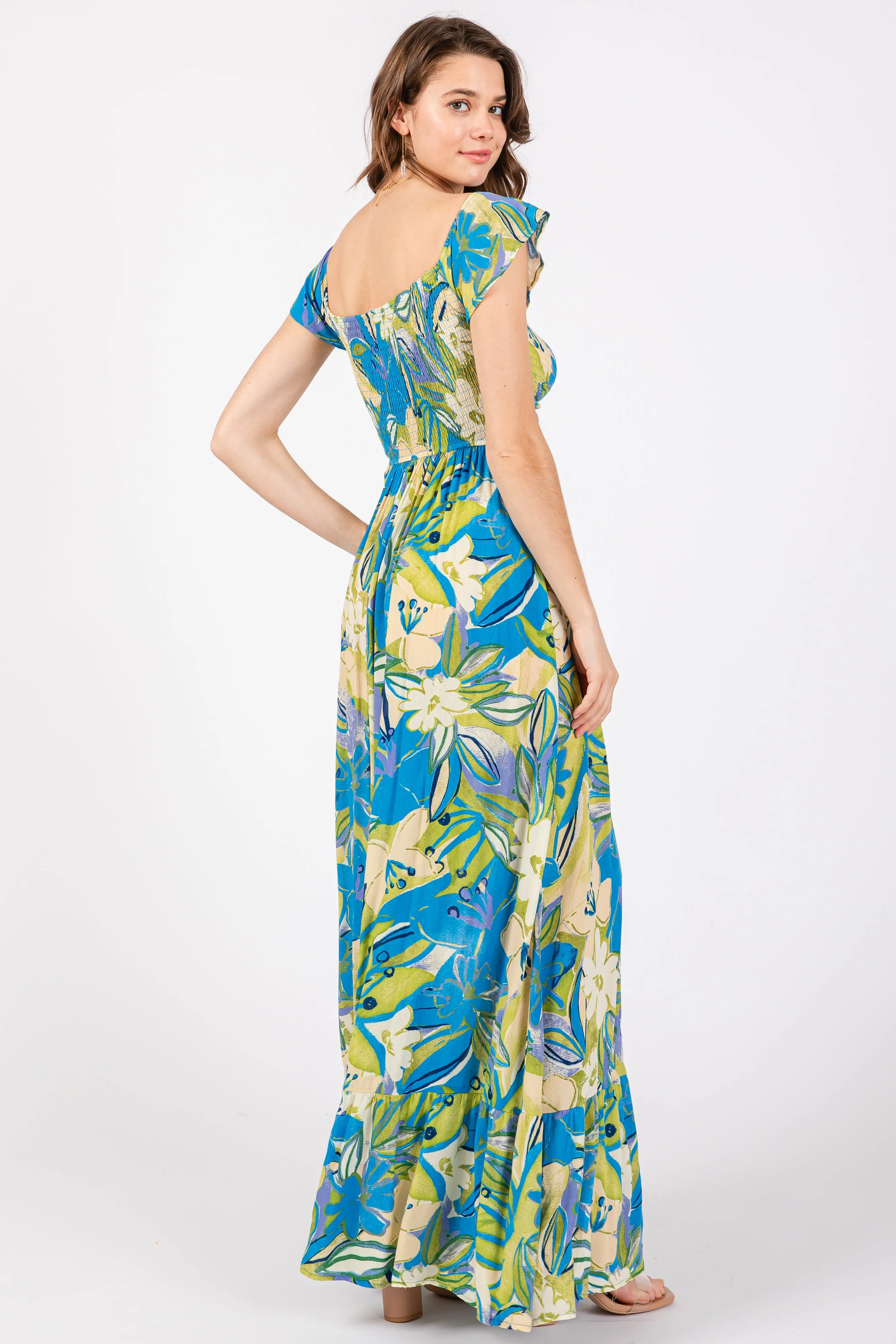 Blue Floral Smocked Off Shoulder Maxi Dress sold by Pinkblush product image thumbnail 3