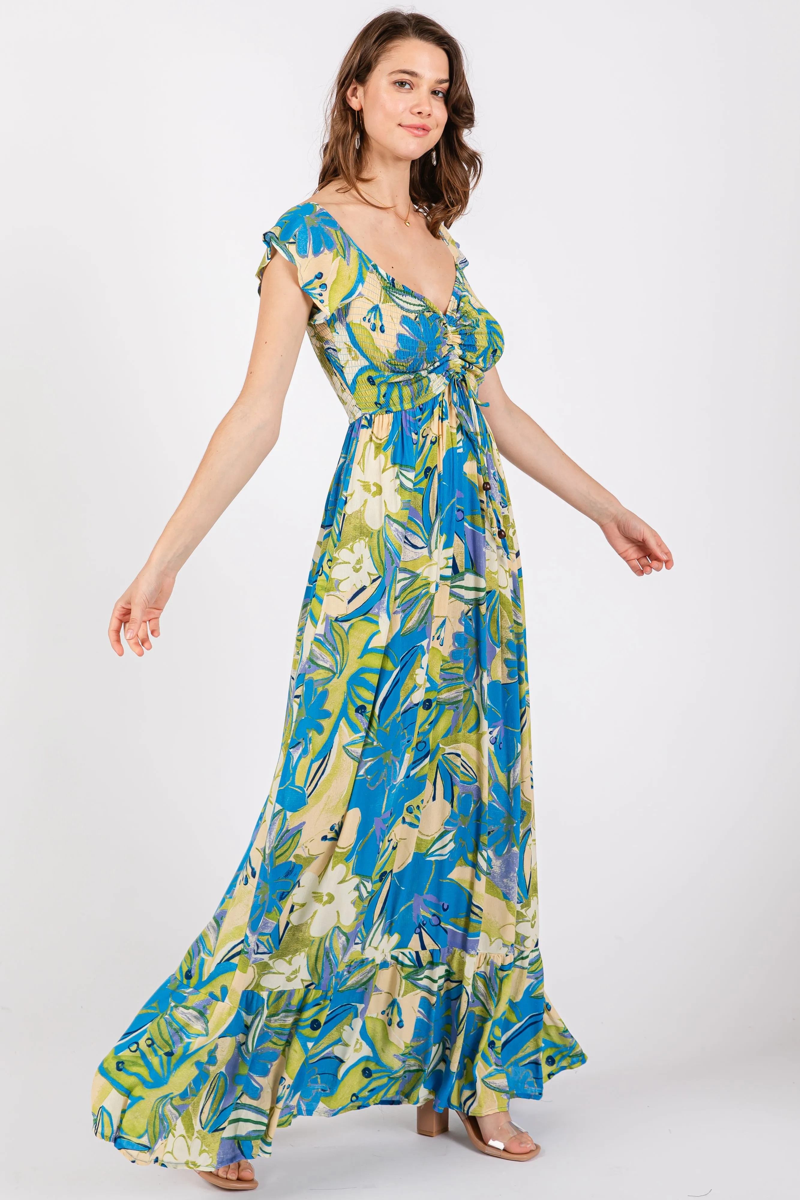 Blue Floral Smocked Off Shoulder Maxi Dress sold by Pinkblush product image thumbnail 2