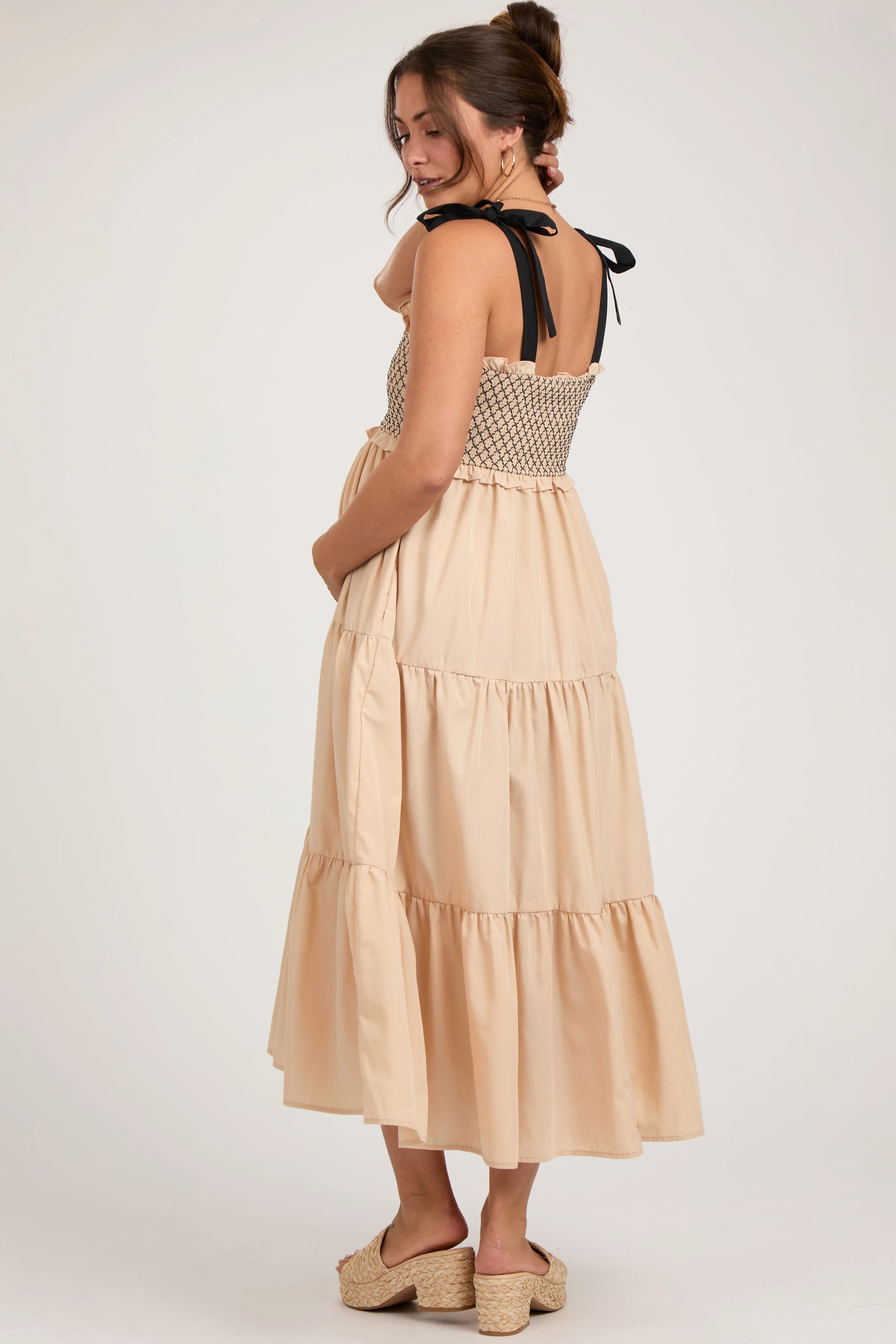Beige Sleeveless Tiered Colorblock Strap Maternity Maxi Dress sold by Pinkblush product image thumbnail 3
