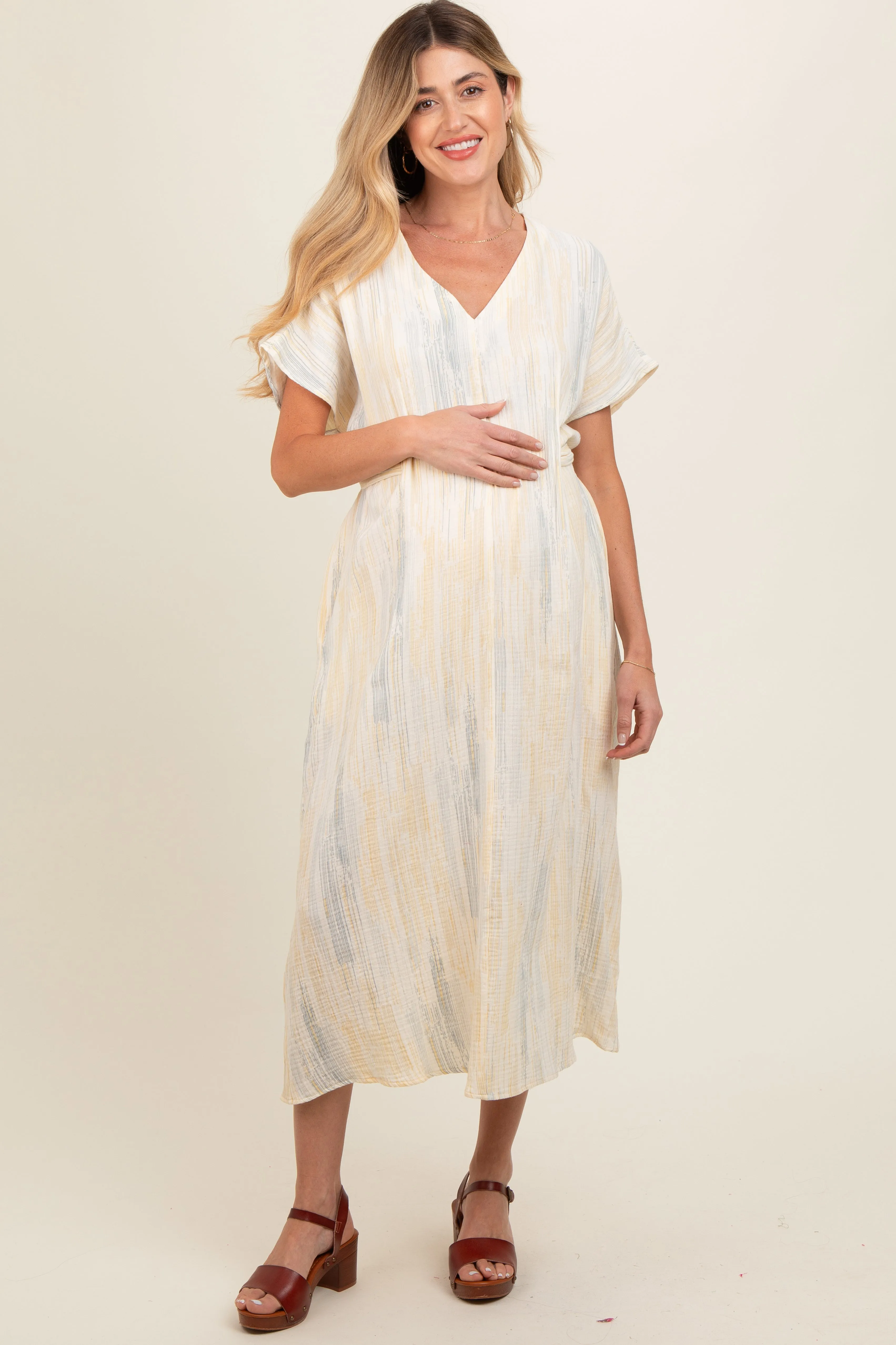 Cream Abstract Print V-Neck Maternity Midi Dress sold by Pinkblush