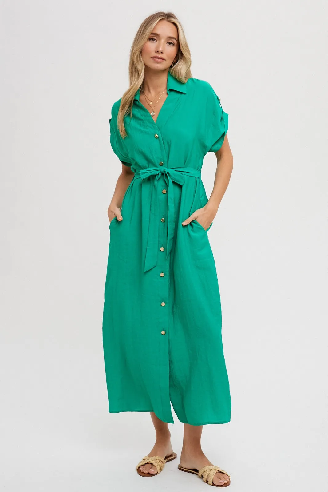 Green Button Front Belted Short Sleeve Maternity Midi Dress sold by Pinkblush product image thumbnail 4