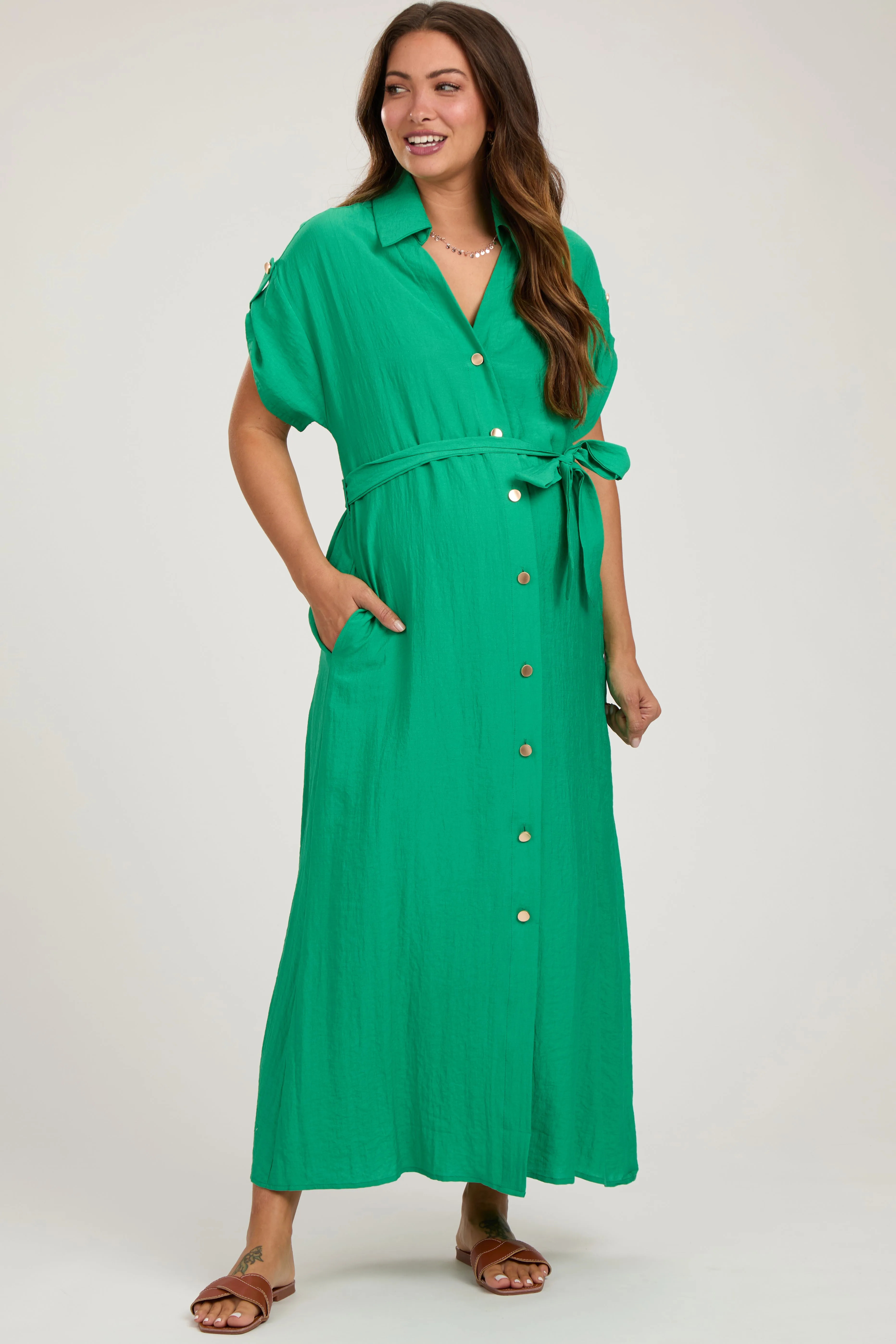 Green Button Front Belted Short Sleeve Maternity Midi Dress sold by Pinkblush