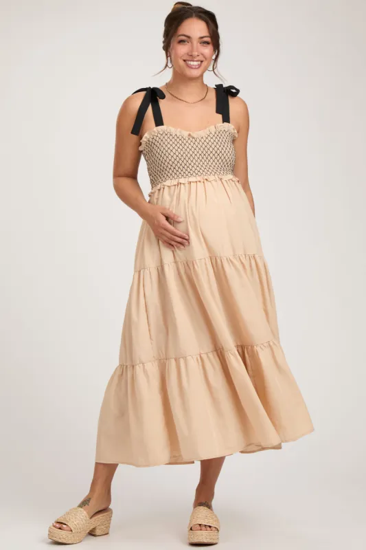 Beige Sleeveless Tiered Colorblock Strap Maternity Maxi Dress sold by Pinkblush