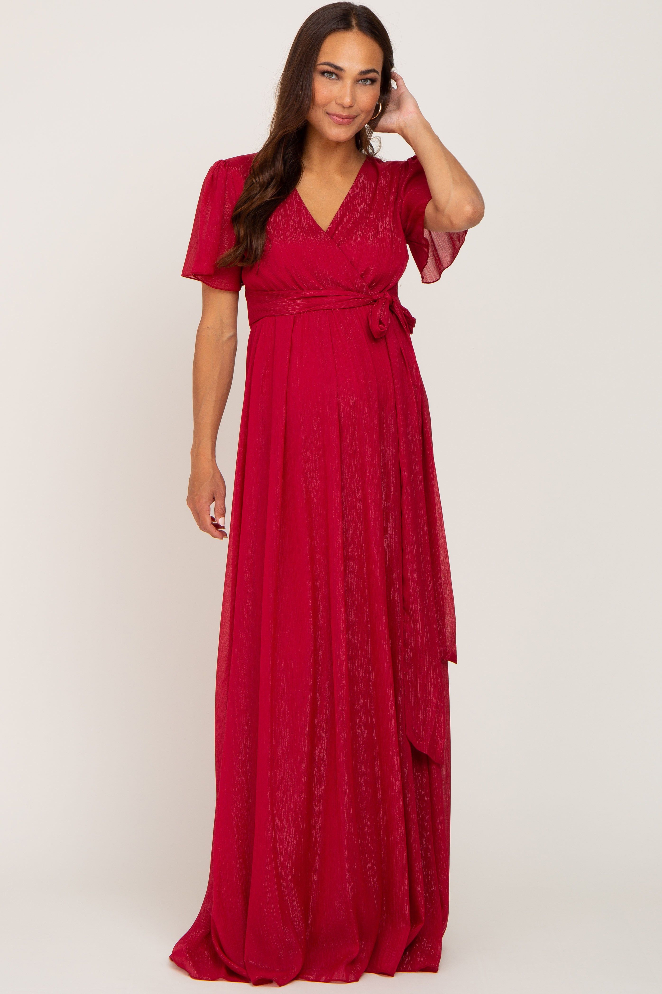 Red Metallic Shimmer Chiffon Maternity Maxi Dress sold by Pinkblush product image thumbnail 4