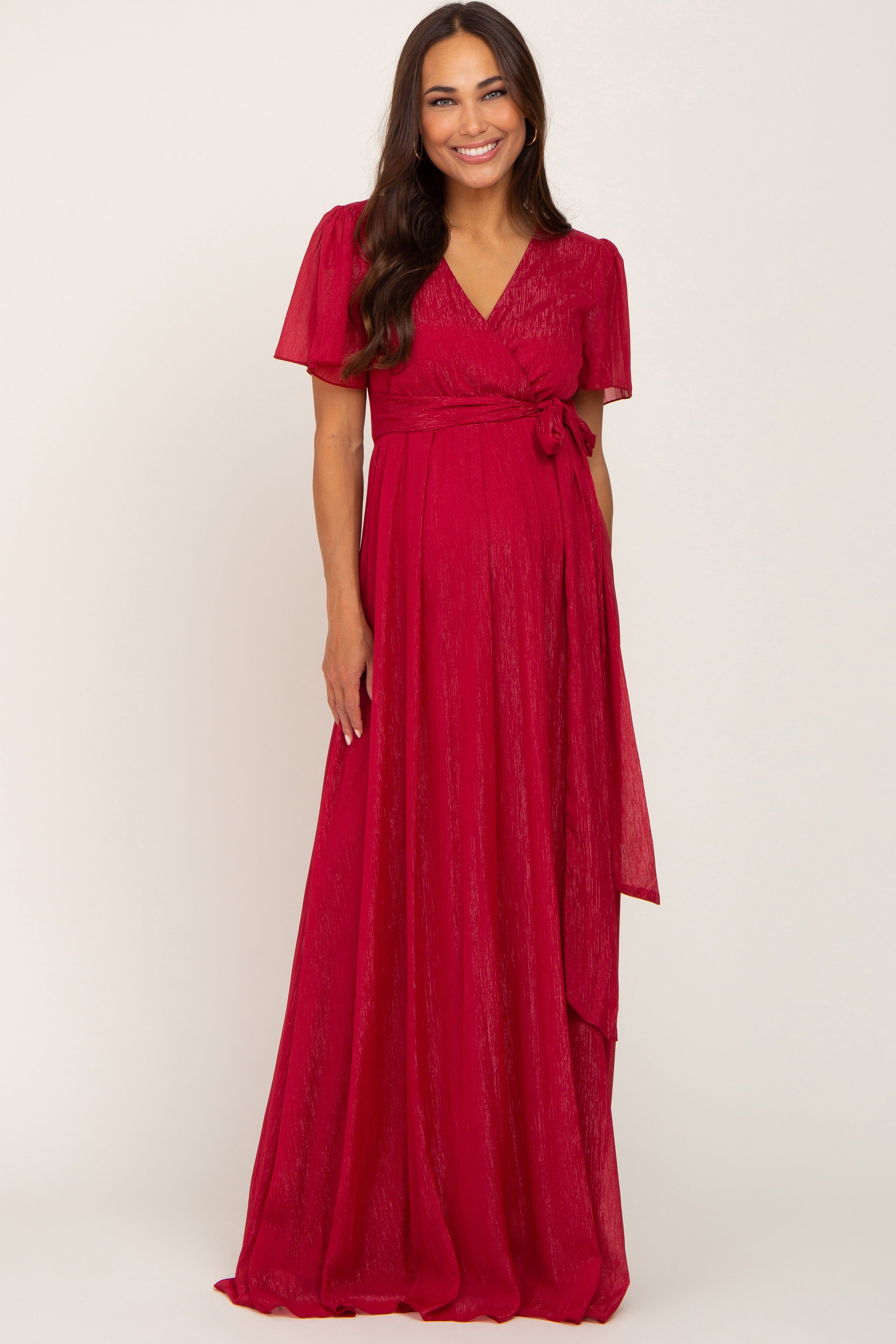 Red Metallic Shimmer Chiffon Maternity Maxi Dress sold by Pinkblush