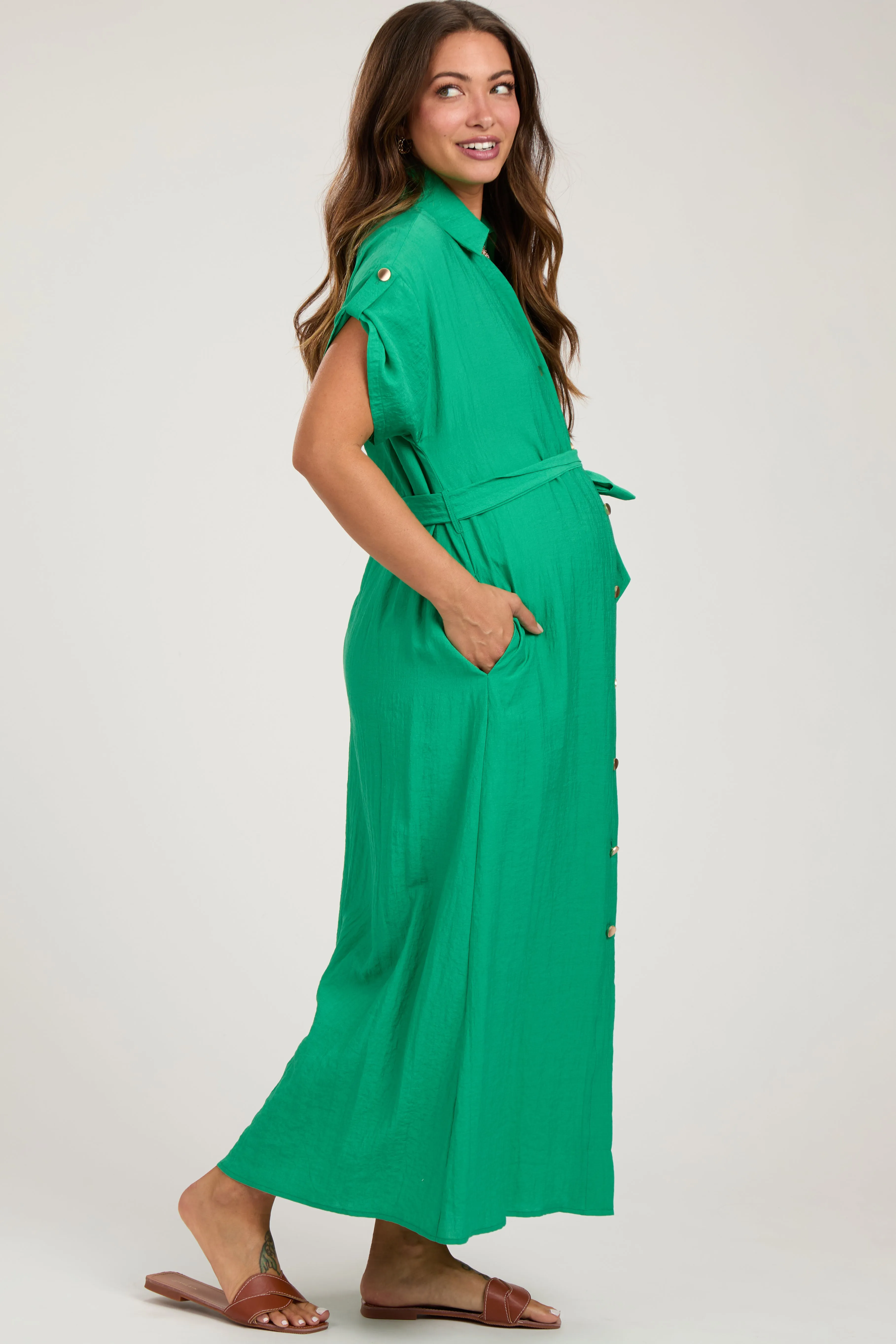 Green Button Front Belted Short Sleeve Maternity Midi Dress sold by Pinkblush product image thumbnail 2
