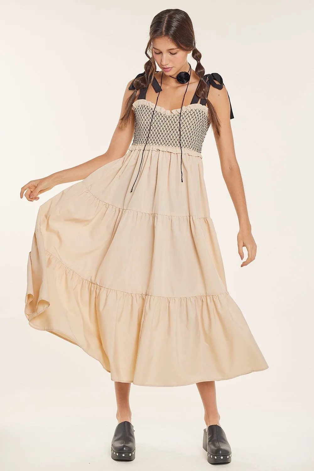 Beige Sleeveless Tiered Colorblock Strap Maternity Maxi Dress sold by Pinkblush product image thumbnail 4