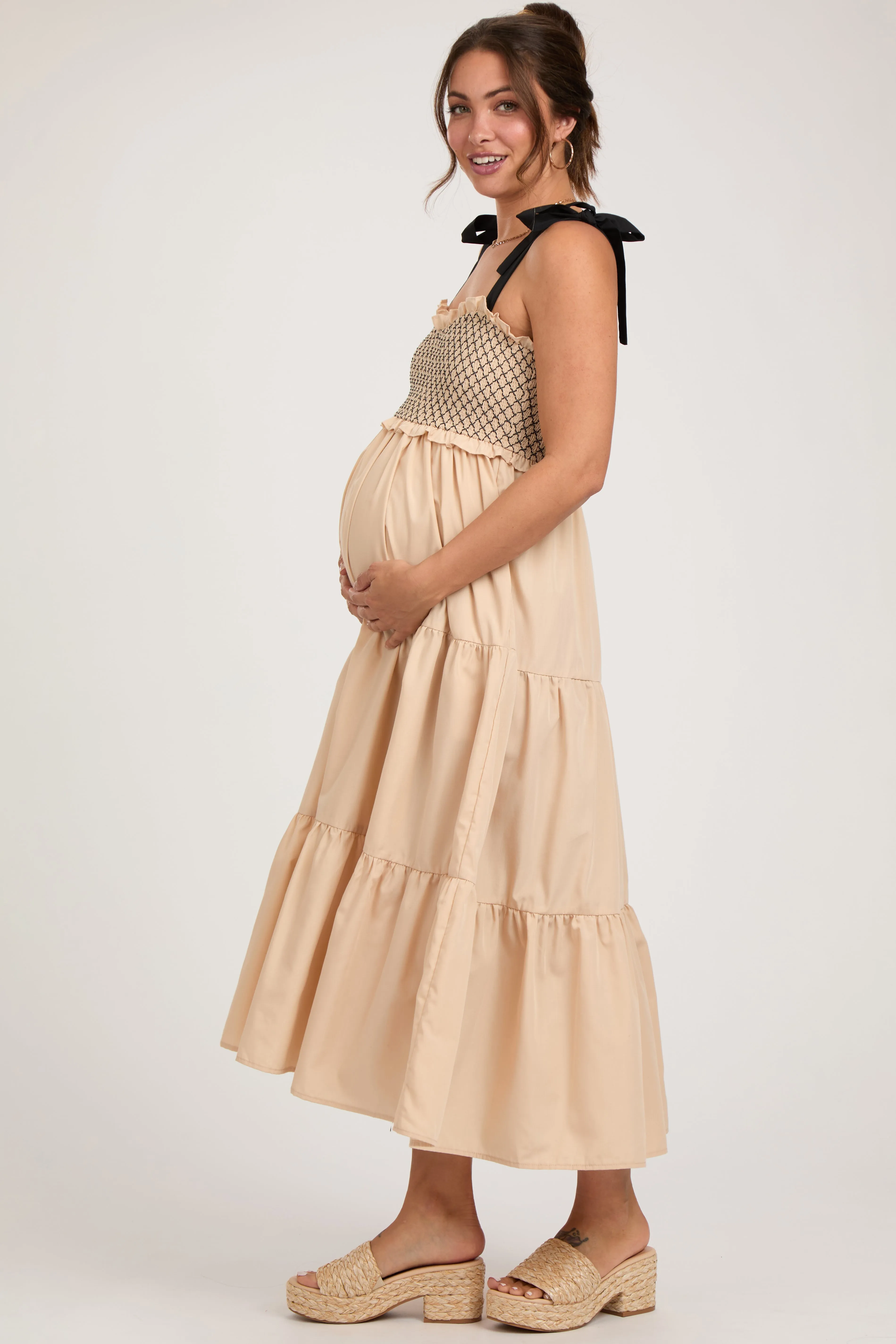 Beige Sleeveless Tiered Colorblock Strap Maternity Maxi Dress sold by Pinkblush product image thumbnail 2