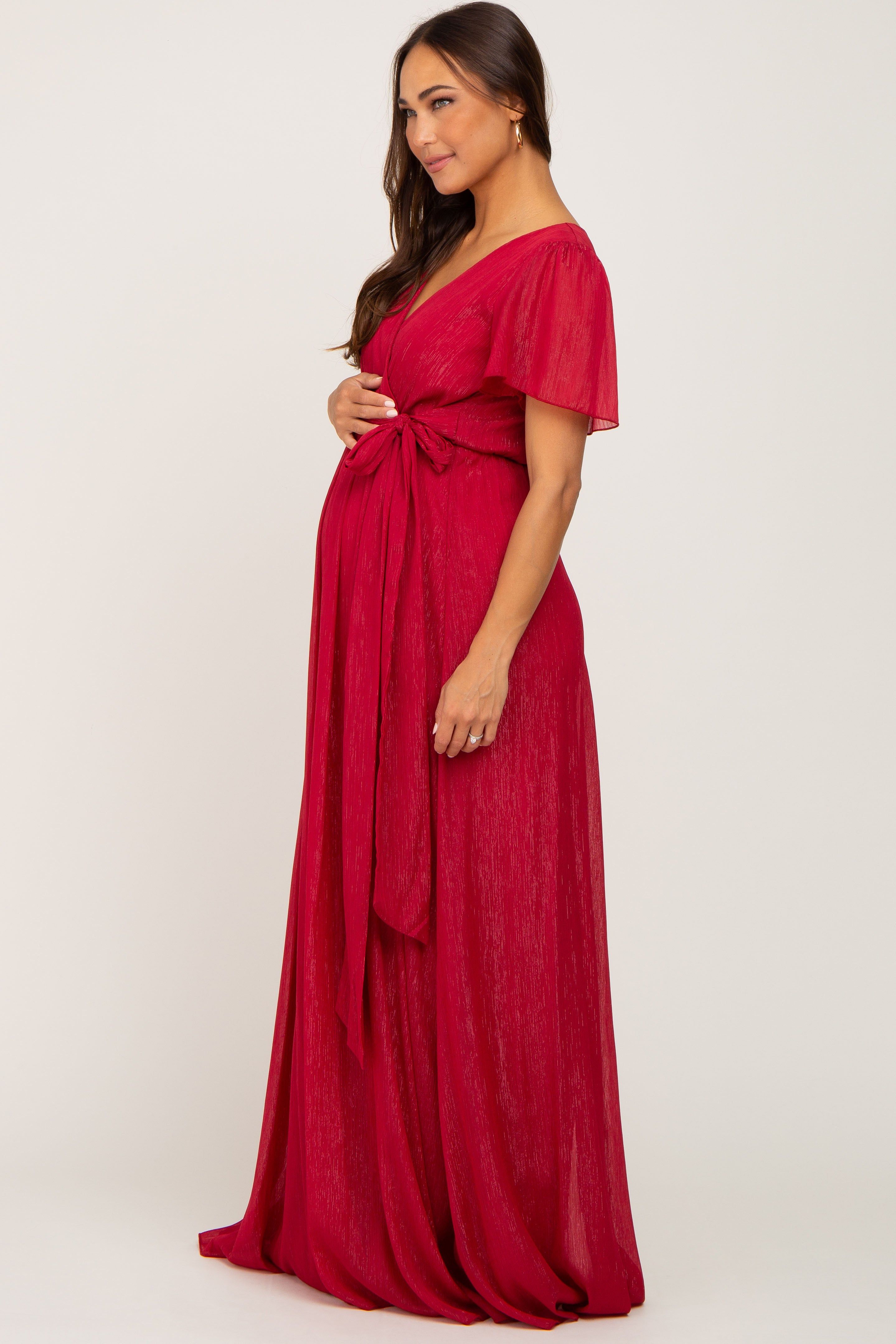 Red Metallic Shimmer Chiffon Maternity Maxi Dress sold by Pinkblush product image thumbnail 2