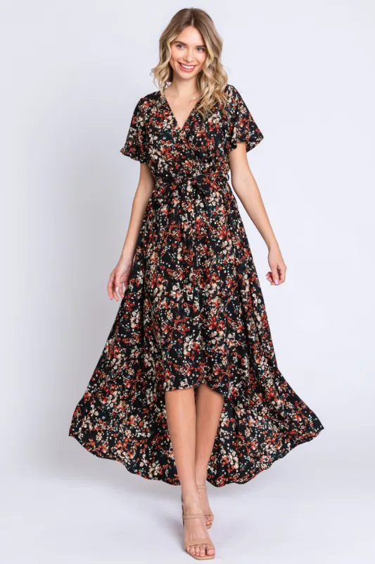 Black Floral Hi-Lo Wrap Maxi Dress sold by Pinkblush