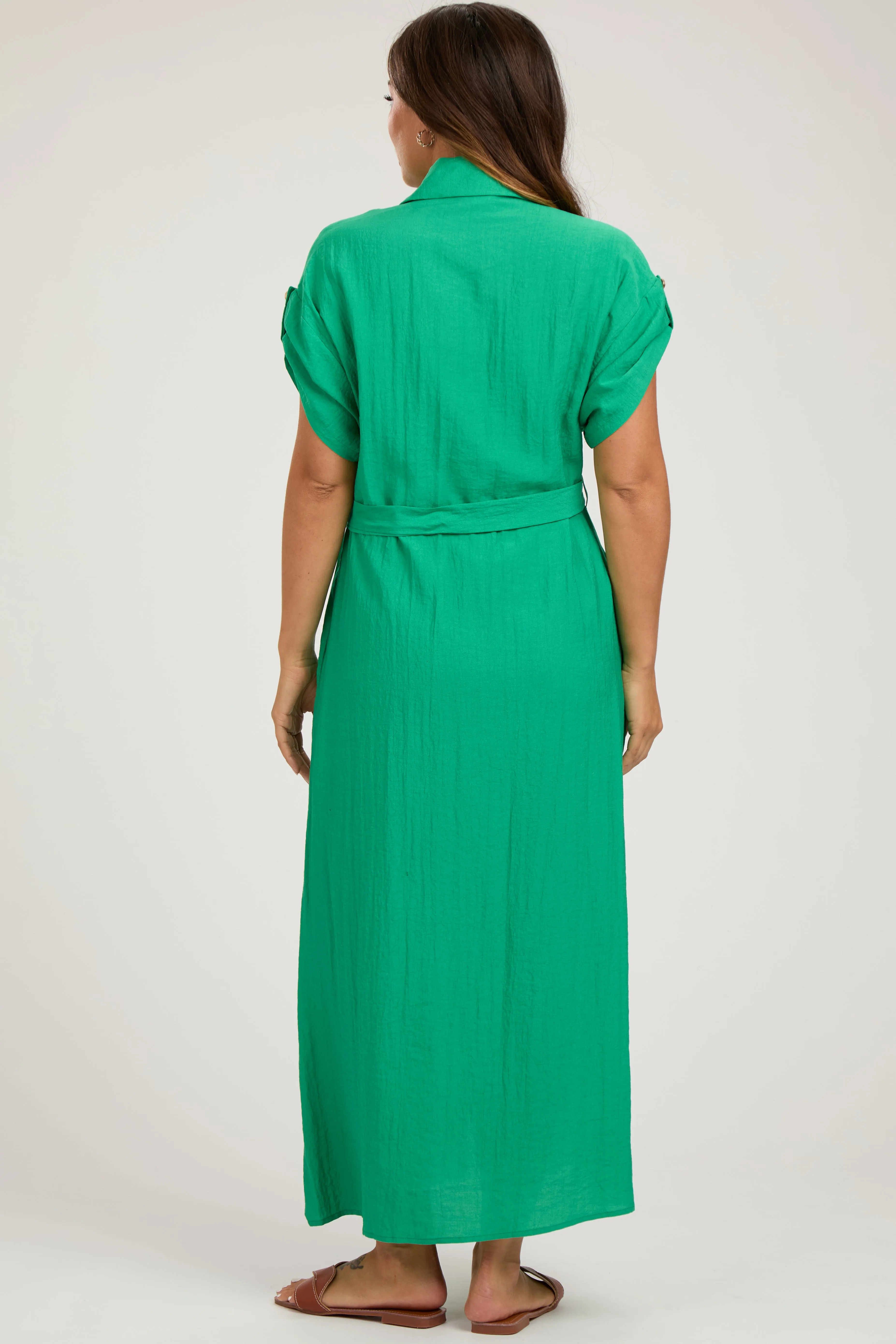 Green Button Front Belted Short Sleeve Maternity Midi Dress sold by Pinkblush product image thumbnail 3