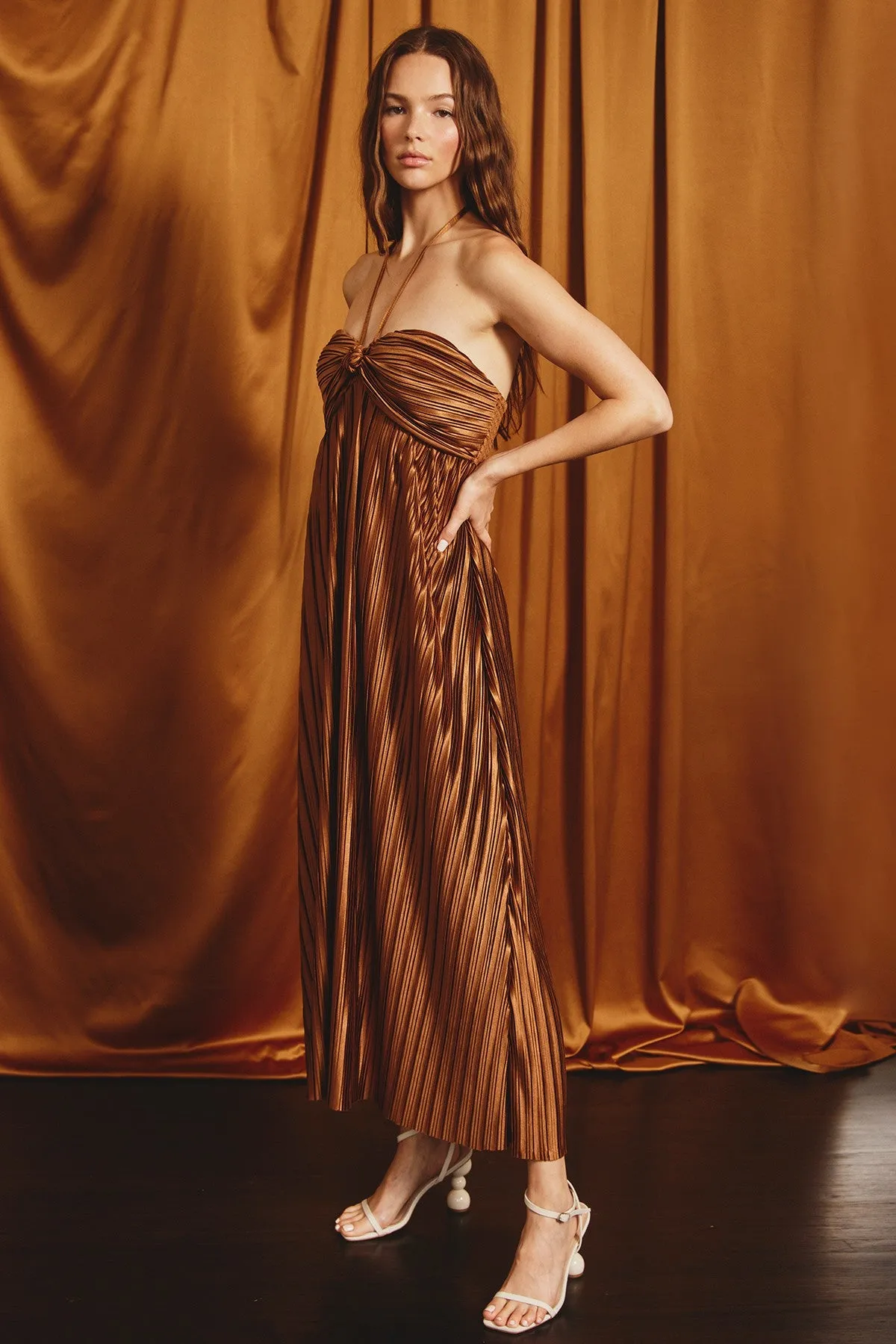 Brown Pleated Halter Maxi Dress sold by Pinkblush product image thumbnail 2