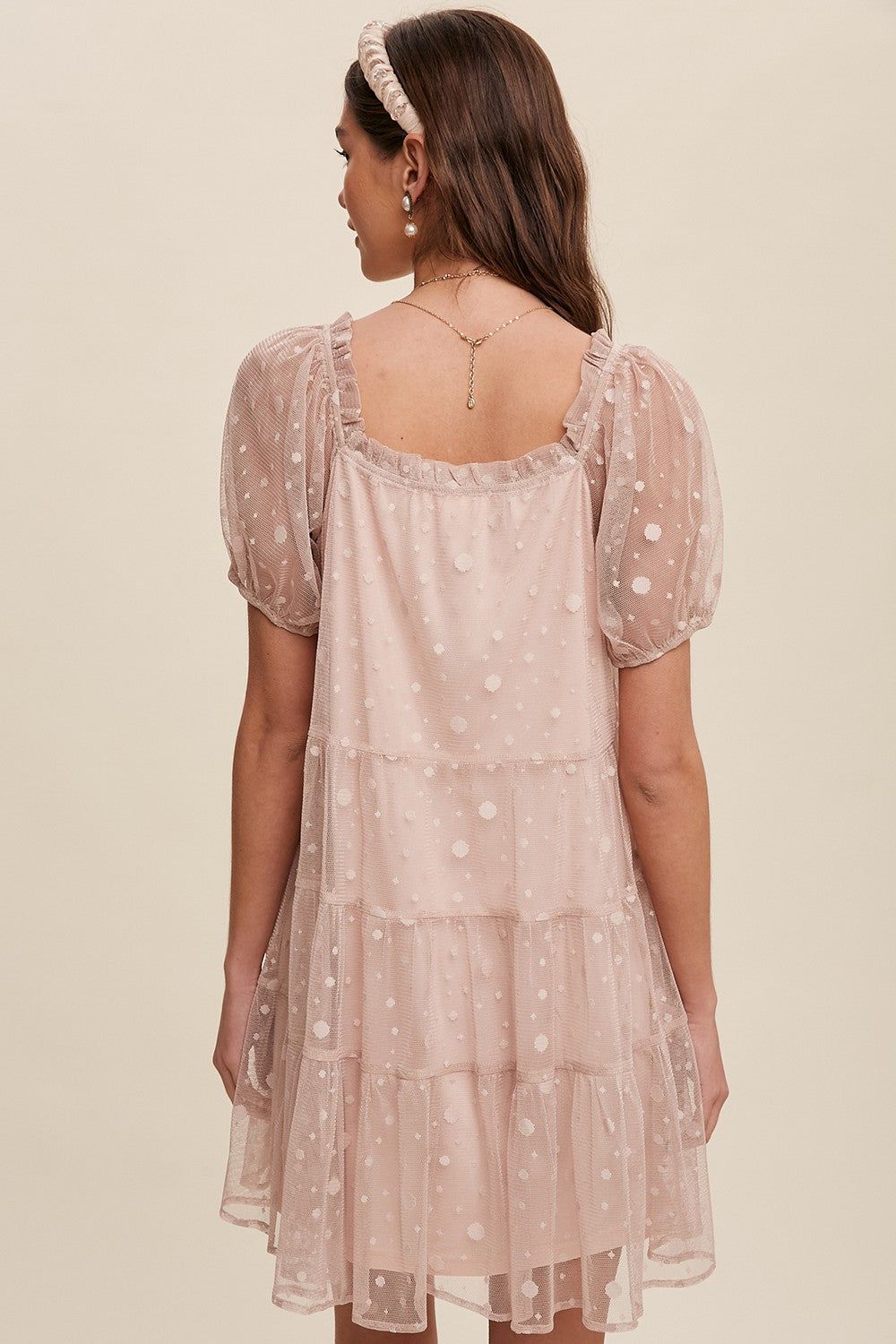 Nude Polka Dot Mesh Front Tie Tiered Dress sold by Pinkblush product image thumbnail 3