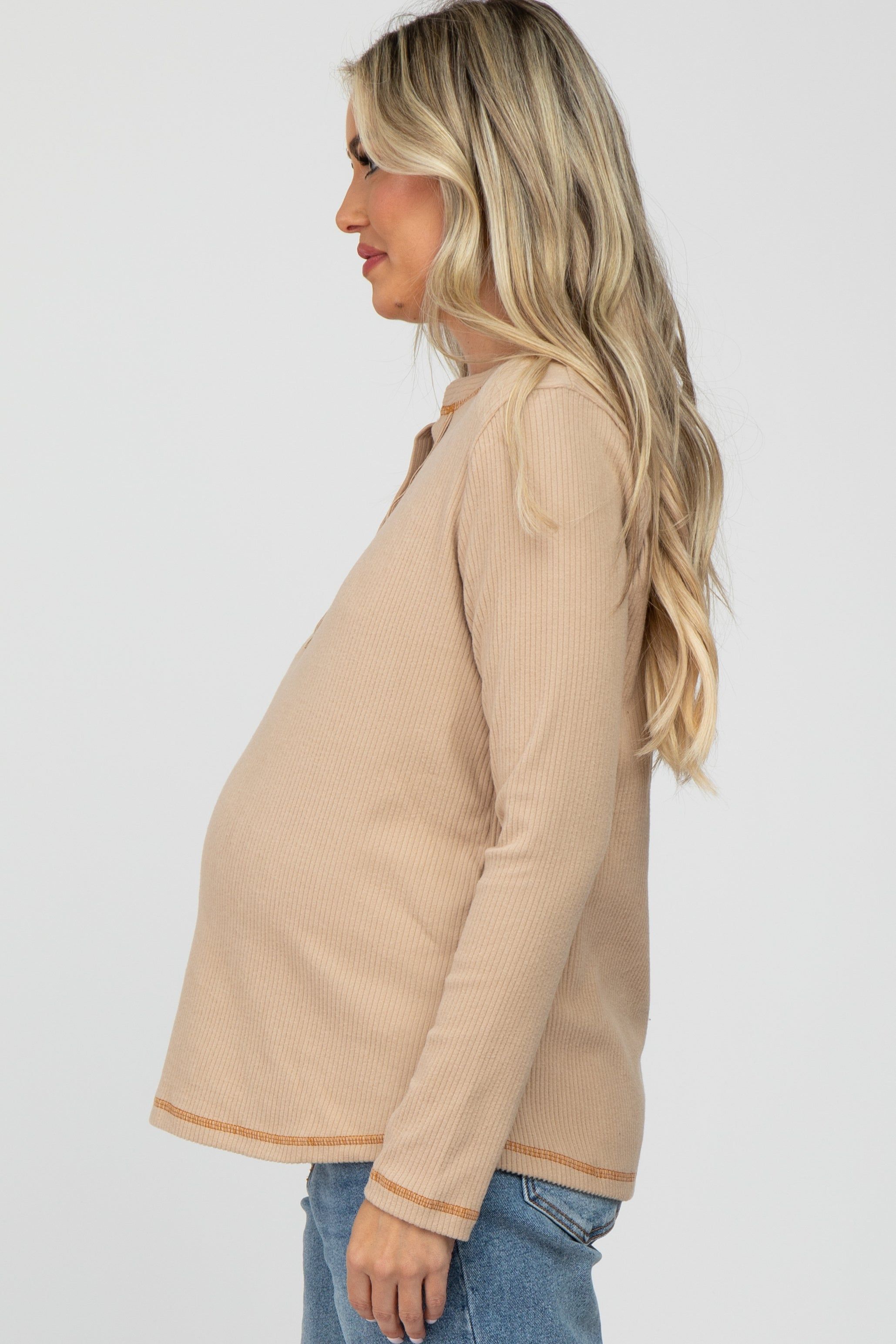 Beige Ribbed Top Stitch Long Sleeve Maternity Top sold by Pinkblush product image thumbnail 3