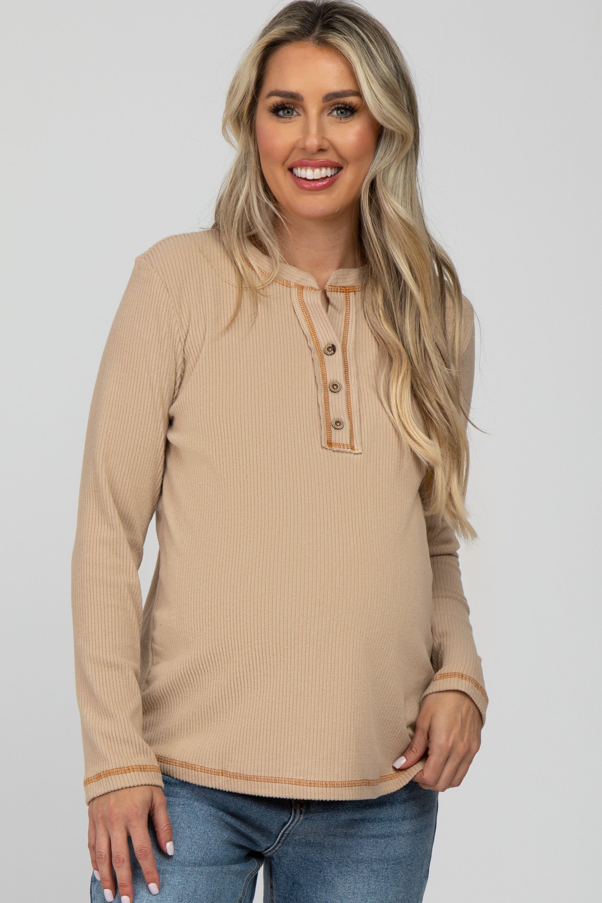 Beige Ribbed Top Stitch Long Sleeve Maternity Top sold by Pinkblush