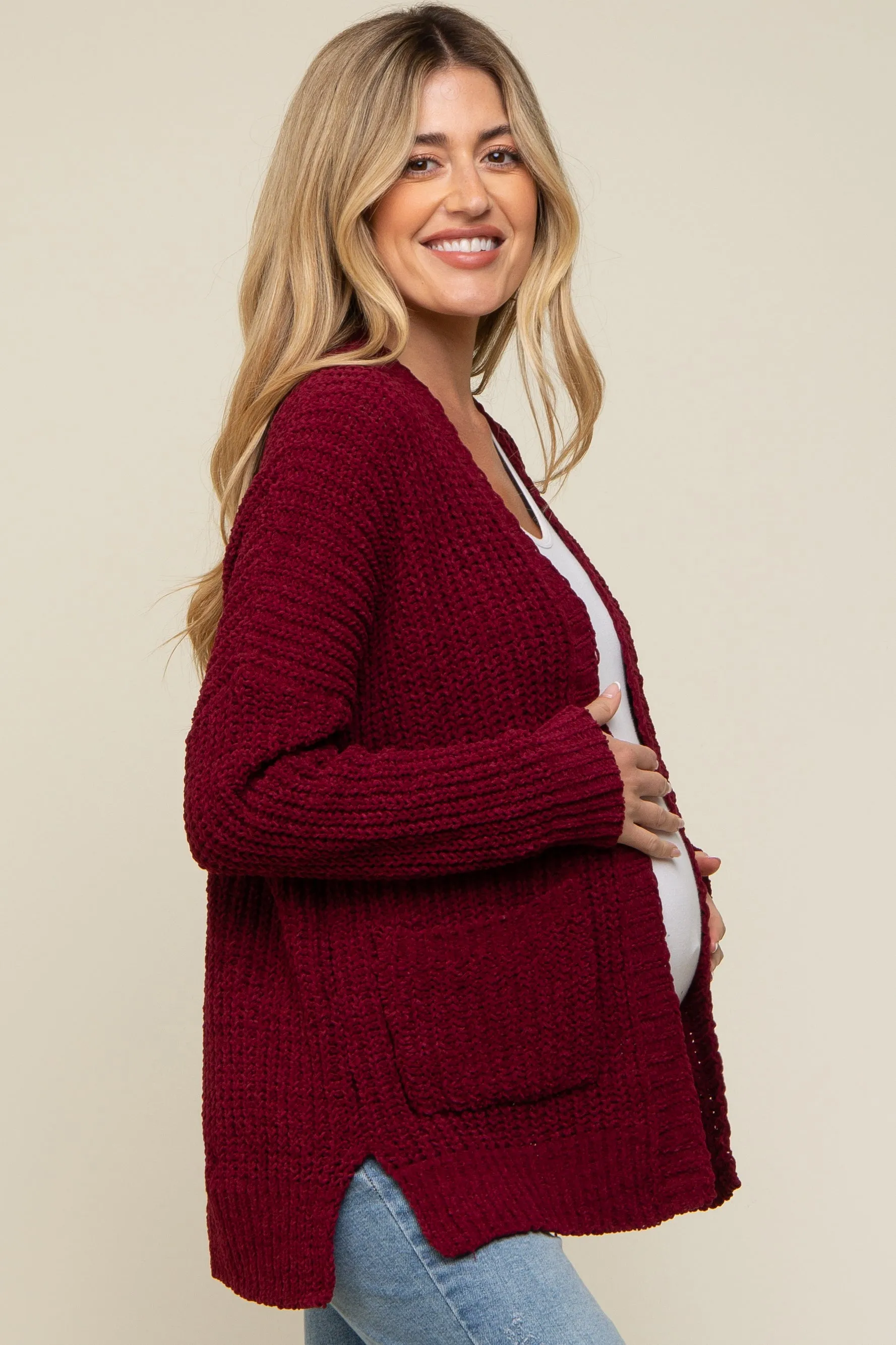 Burgundy Brushed Chenille Knit Maternity Cardigan sold by Pinkblush product image thumbnail 2