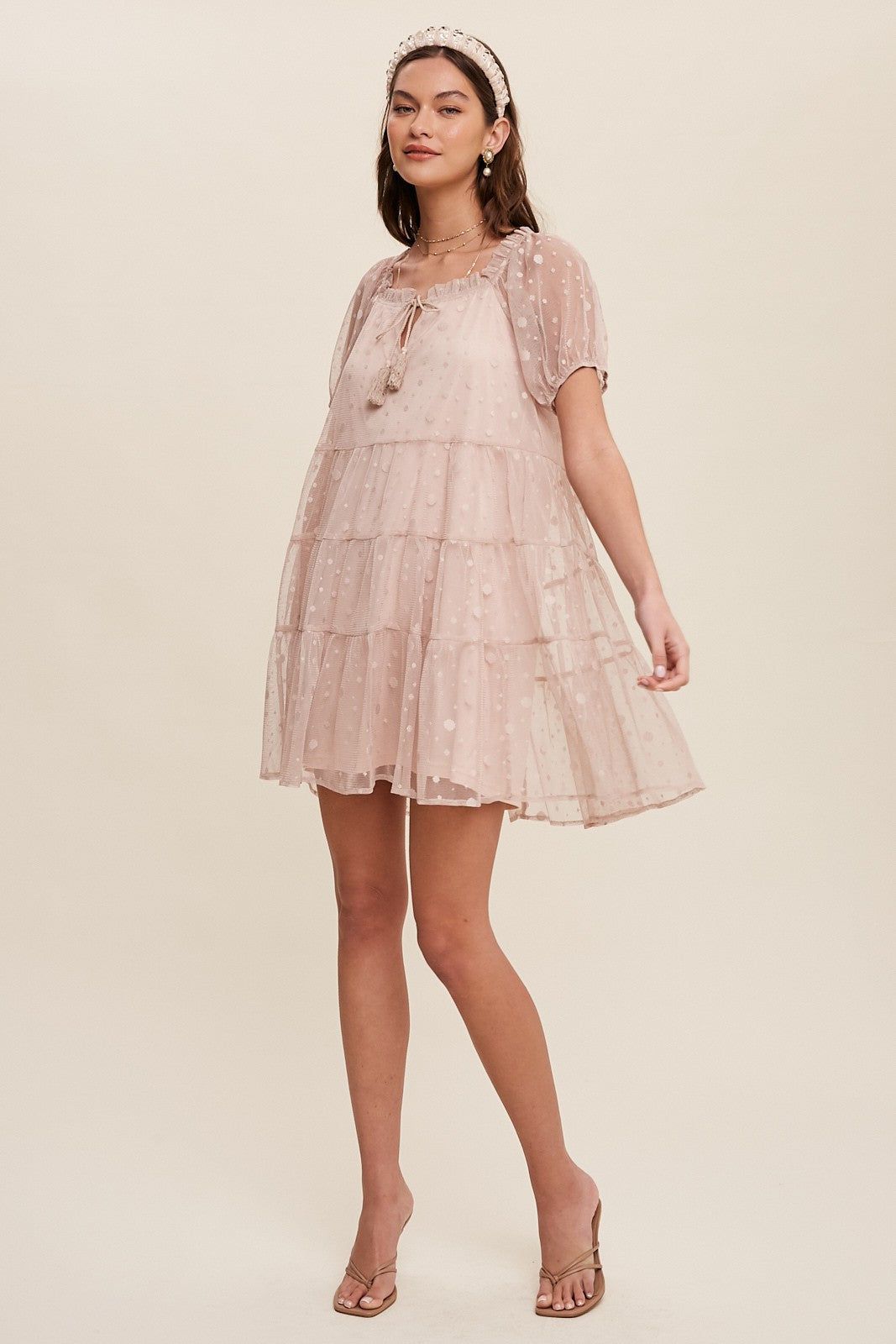 Nude Polka Dot Mesh Front Tie Tiered Dress sold by Pinkblush product image thumbnail 4