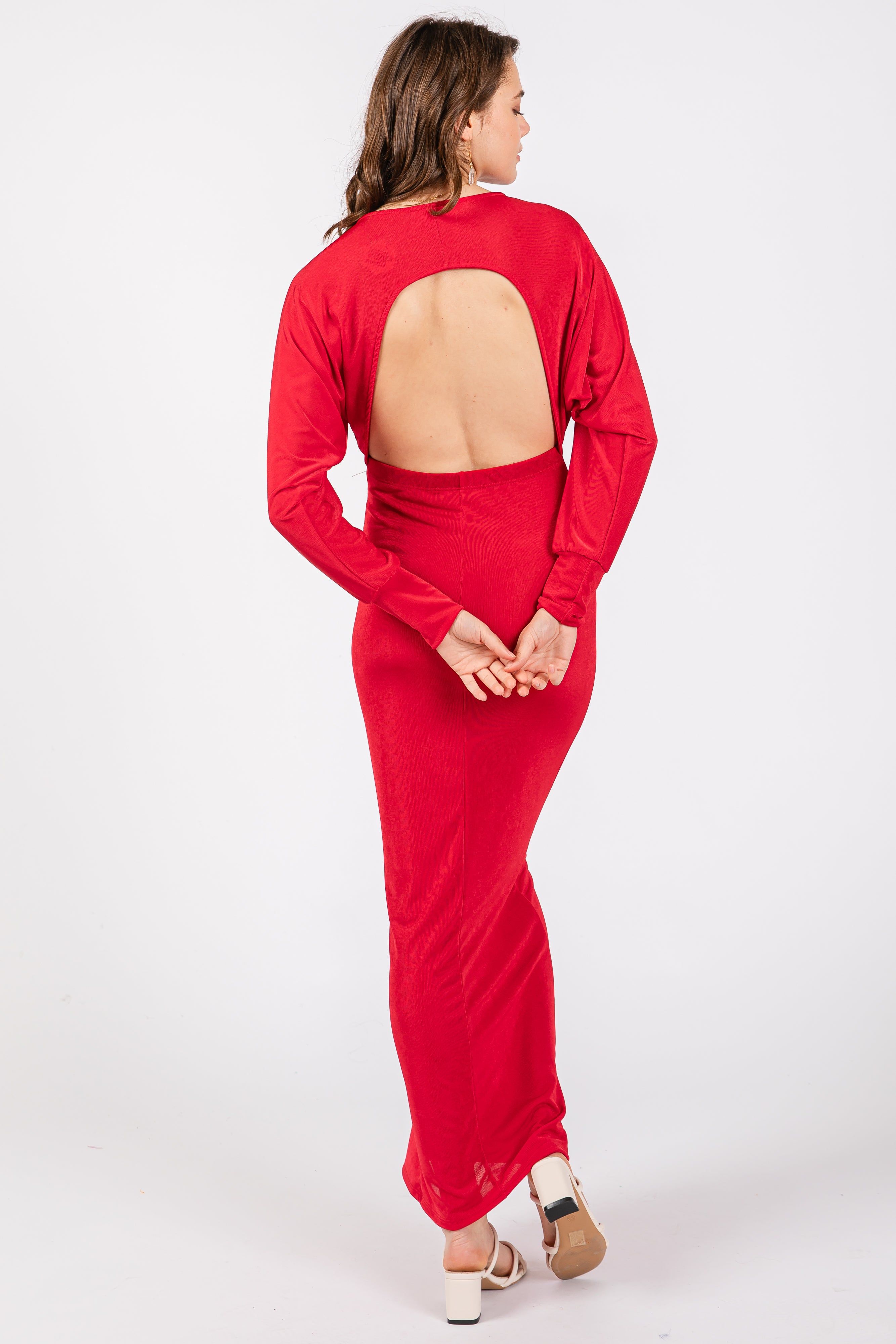 Red Long Sleeve Open Back Maxi Dress sold by Pinkblush product image thumbnail 3