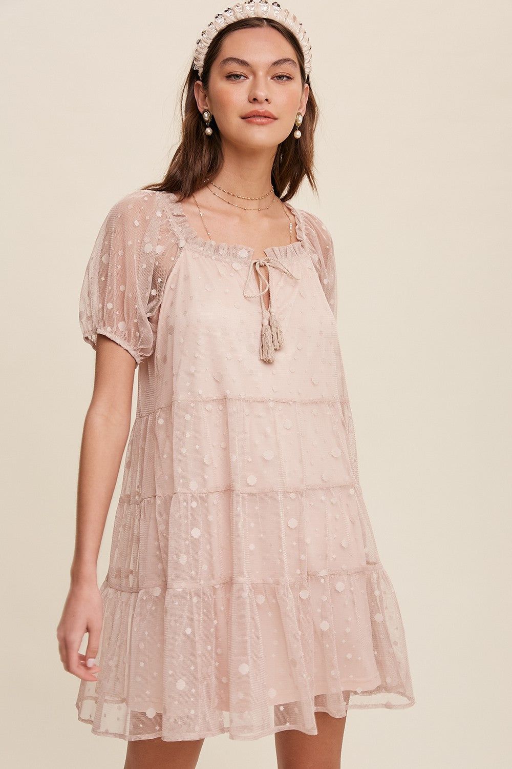 Nude Polka Dot Mesh Front Tie Tiered Dress sold by Pinkblush