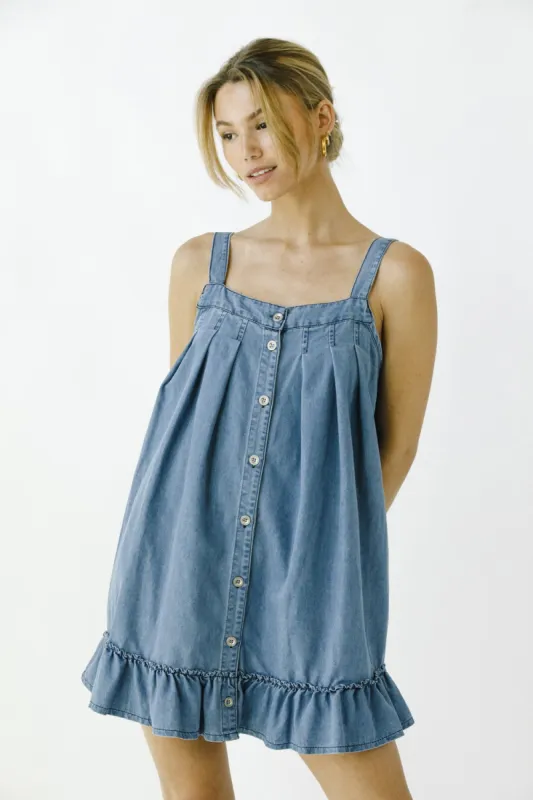 Light Denim Ruffled Swing Mini Dress sold by Pinkblush