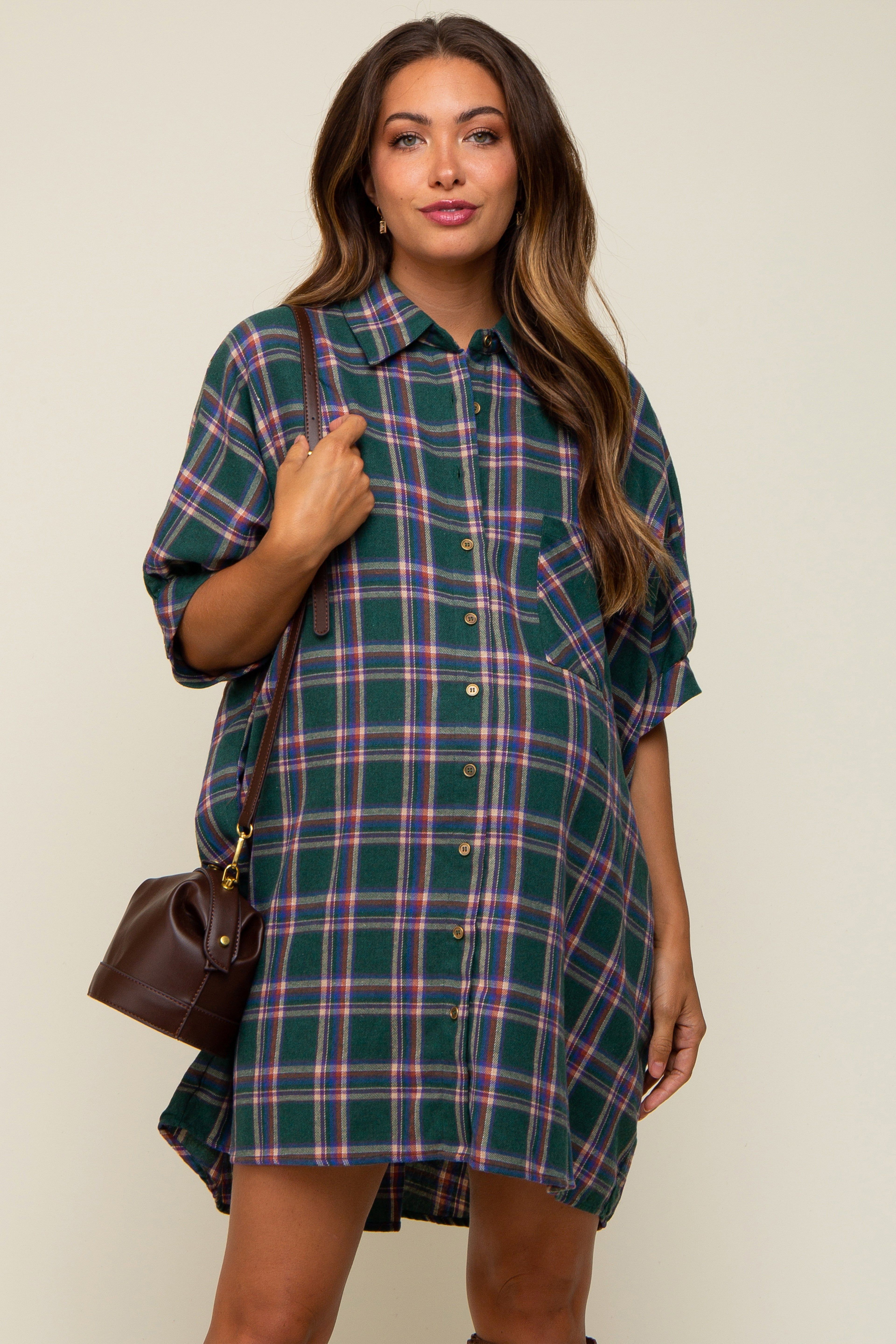 Forest Green Plaid Oversized Maternity Mini Dress sold by Pinkblush product image thumbnail 2