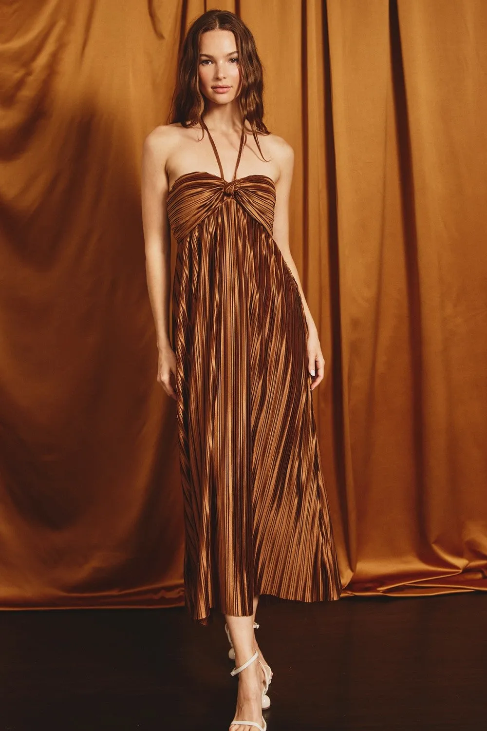 Brown Pleated Halter Maxi Dress sold by Pinkblush