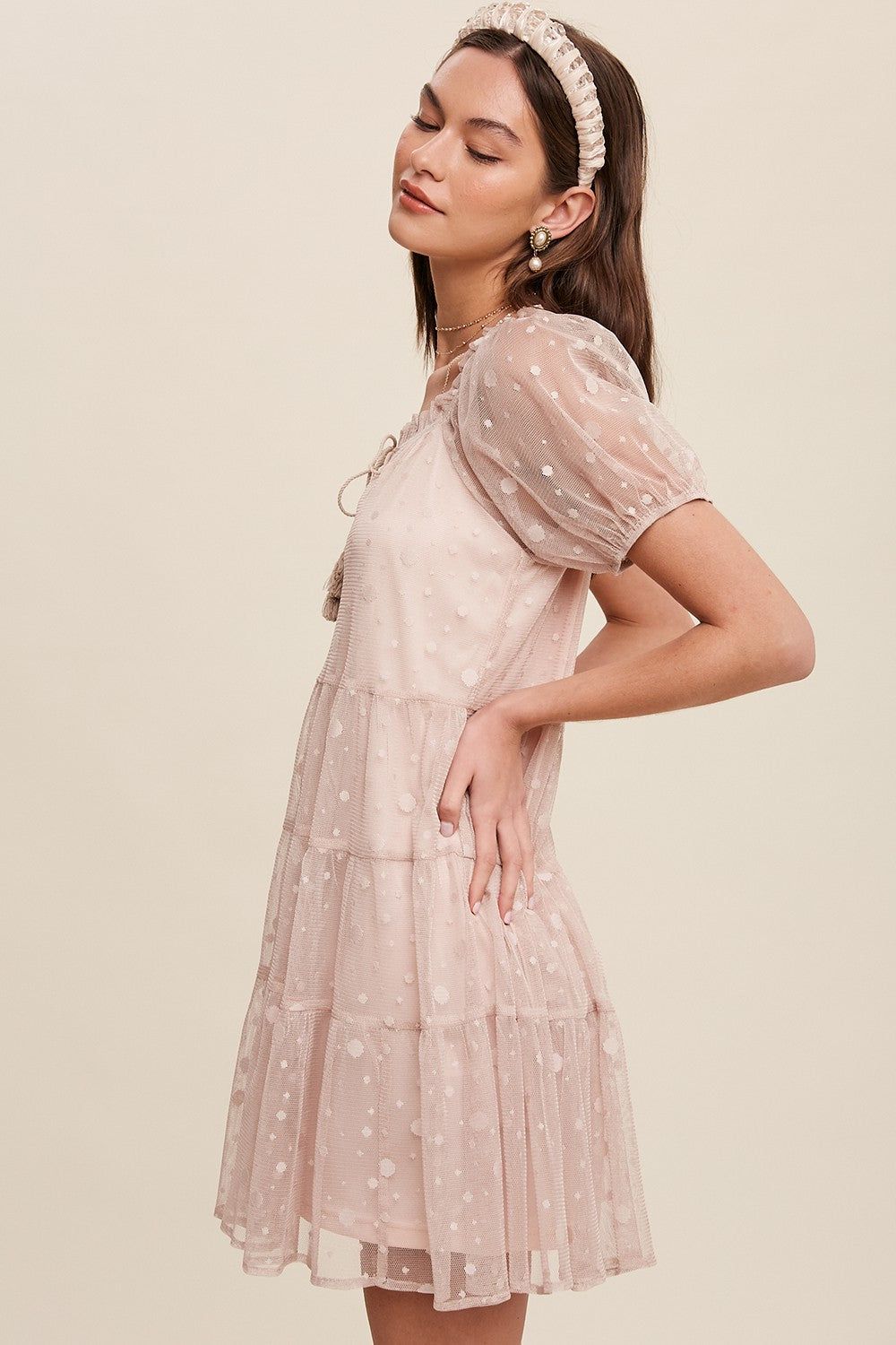 Nude Polka Dot Mesh Front Tie Tiered Dress sold by Pinkblush product image thumbnail 2