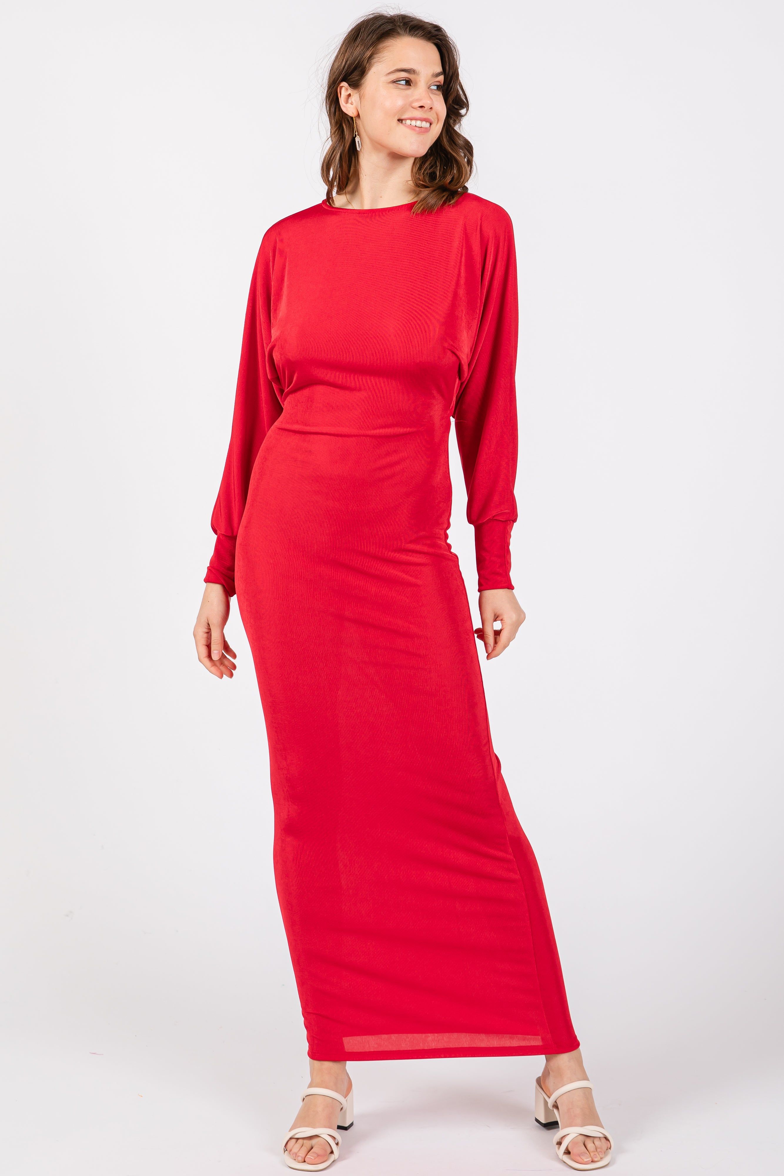 Red Long Sleeve Open Back Maxi Dress sold by Pinkblush