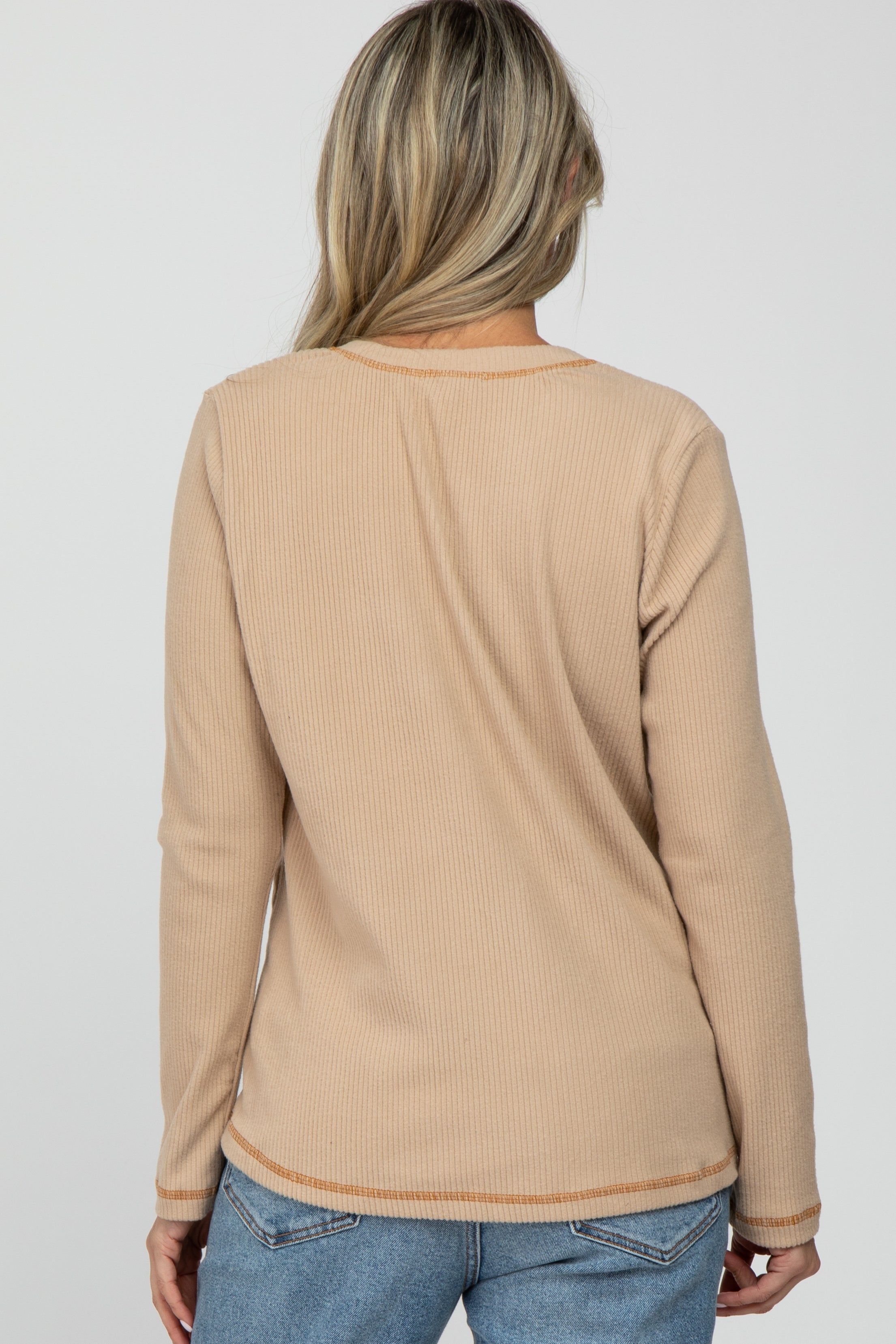 Beige Ribbed Top Stitch Long Sleeve Maternity Top sold by Pinkblush product image thumbnail 4