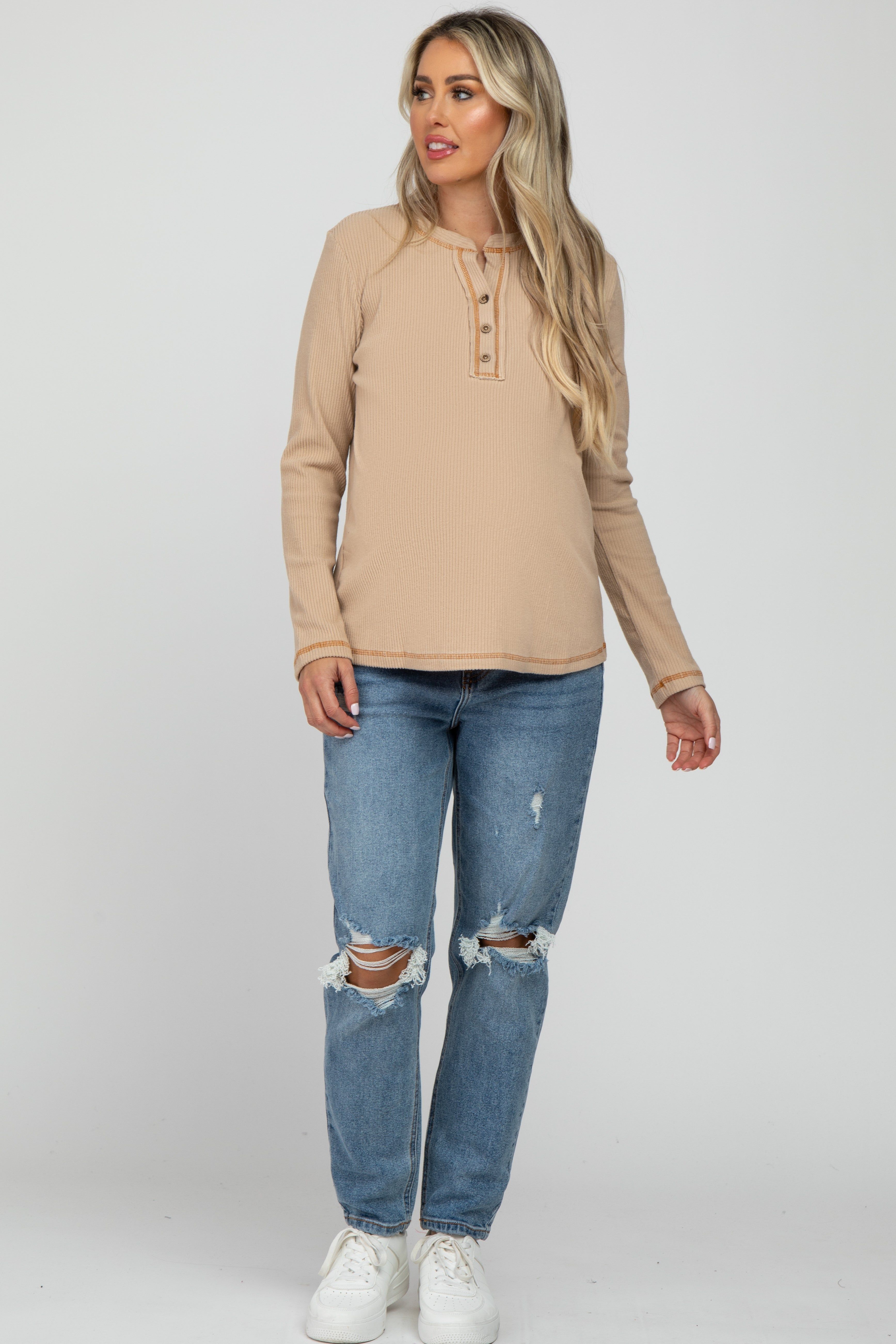 Beige Ribbed Top Stitch Long Sleeve Maternity Top sold by Pinkblush product image thumbnail 2